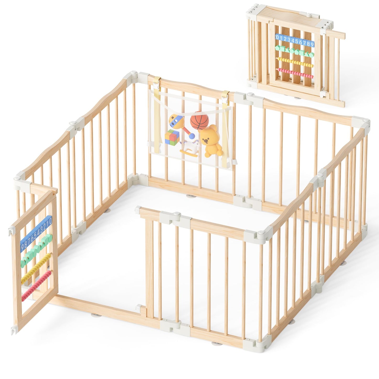 Atoping Wooden Baby Playpen 50 × 50 Inches, Foldable Playpen Fence with Cute Digital Blocks & Storage Bag, Wooden Baby Gate, Multi-Shape Play Yard for Babies and Toddlers Indoor Outdoor