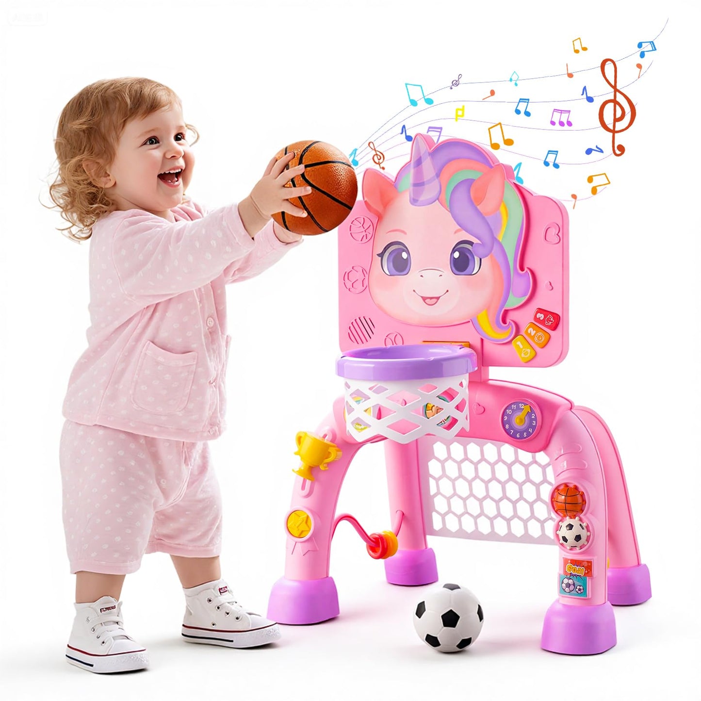 JMMICO Toddler Basketball Hoop & Soccer Goal Activity Center, Interactive Toys with Light Music,Unicorn Toddlers Musical Toys Gift, Baby Birthday Easter Gifts Gift for 1 2 3 Year Old Boys Girls