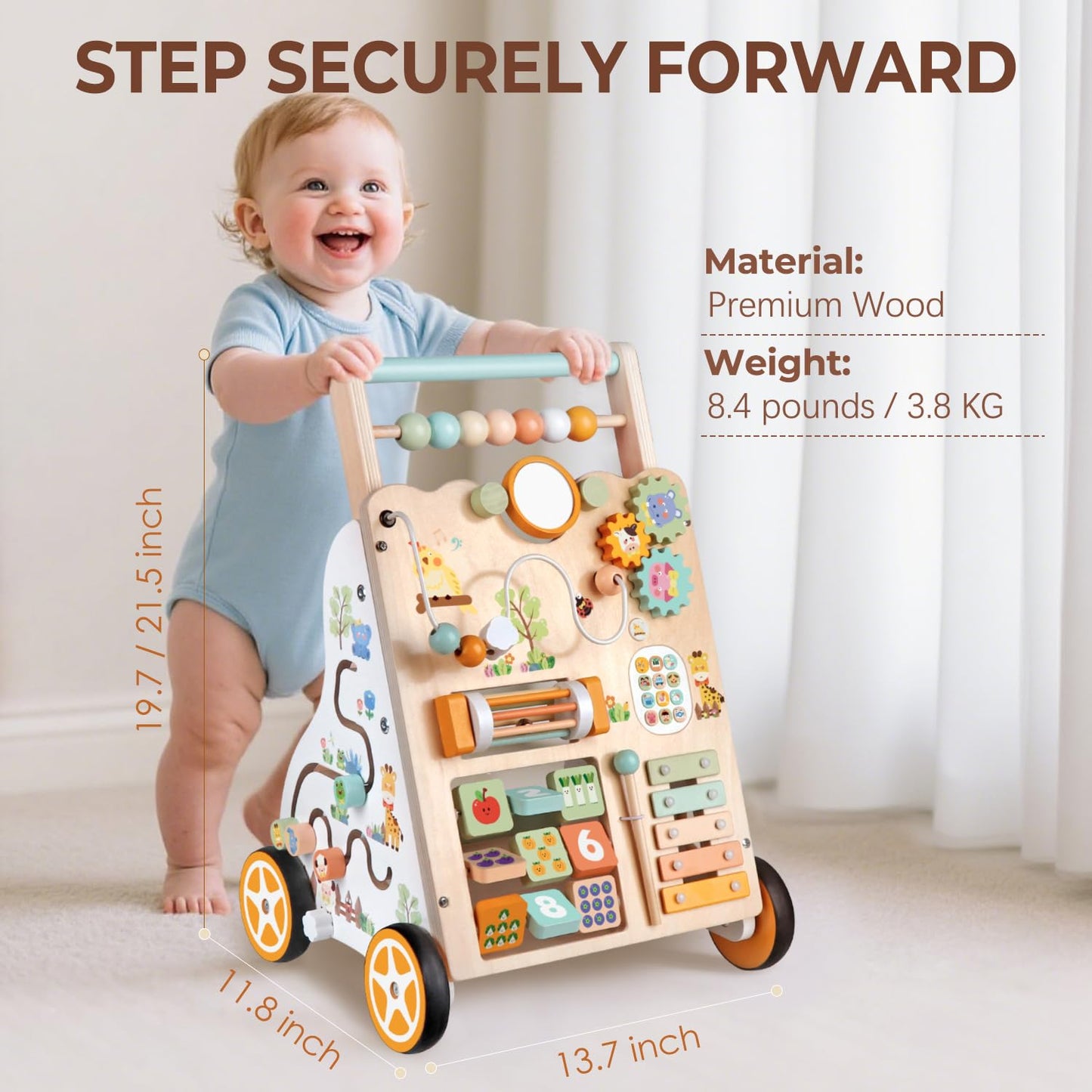 Baby Push Walker, Wooden Baby Walker with Wheels, Montessori Activity Center for 1 2 3 Years Old Boys Girls, Adjustable Speed & Height Push Toy for Toddler Learning to Walk, Kids Development Gift