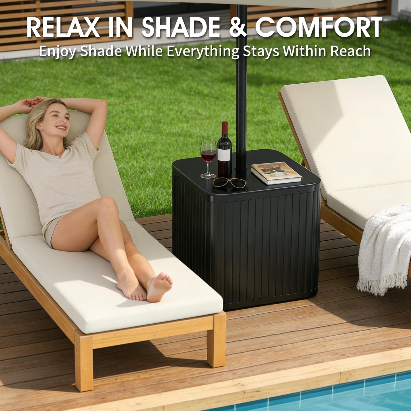 BoYata Outdoor Umbrella Side Table, 2-in-1 Outdoor Side Table with Umbrella Hole, 15.9 Gallon Fillable Umbrella Stand Base, Fit Up to 1.5" Pole, Square Patio Side Table for Poolside, Deck, Matte Black