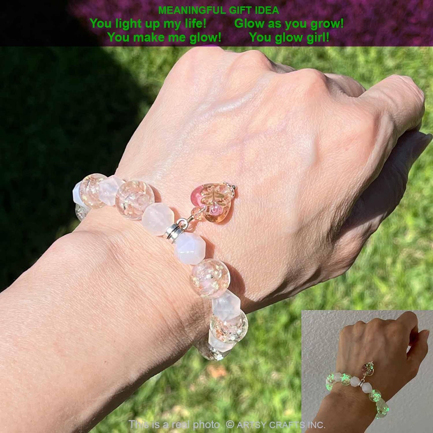 ARTSY Crafts Glow in the Dark Glass Beads with Natural Gemstone Beads Charm Bracelets, Crystal Healing Stones Firefly Beads Bracelet for Men Women Love Calming Anxiety Chakra Spiritual Gifts, Quartz