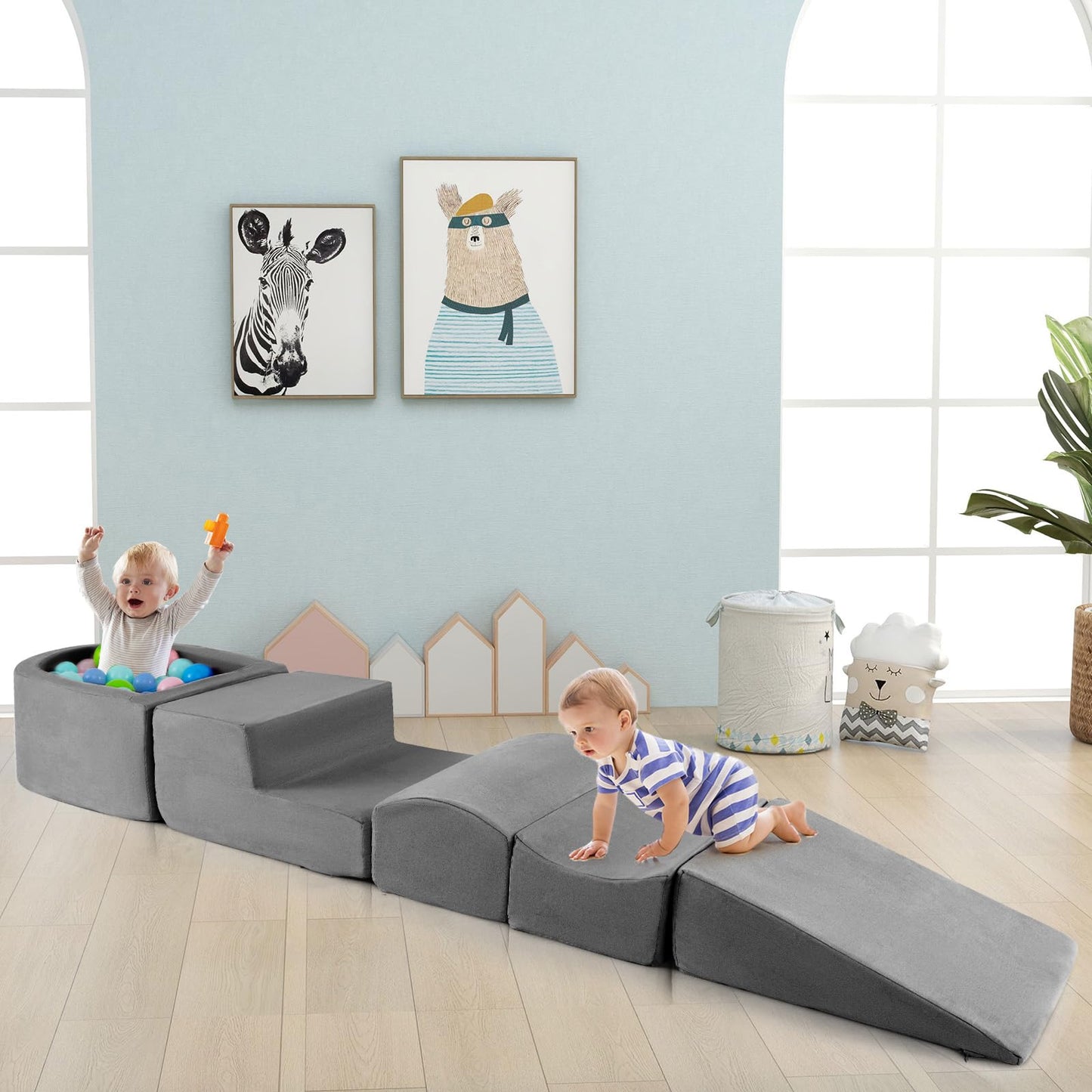 Costzon Toddler Climbing Toys Indoor, 5 Pieces Foam Climb and Crawl Playset w/Kids Ball Pit & Detachable Machine-Washable Covers for Playroom Children Room, Soft Play Climbing for Toddlers (Gray)