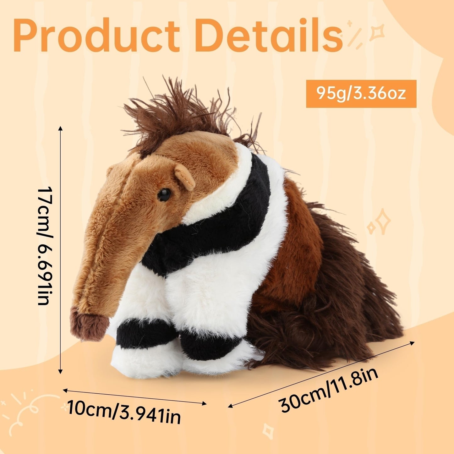 Anteater Stuffed Animal, Anteater Plush Toys Lifelike Cute with PP Cotton,10.6 Inches Soft Realistic Stuffed Zoo Animals Toy Juguetes De Peluche Gifts for Kids Girls Animal Lover Birthday Christmas