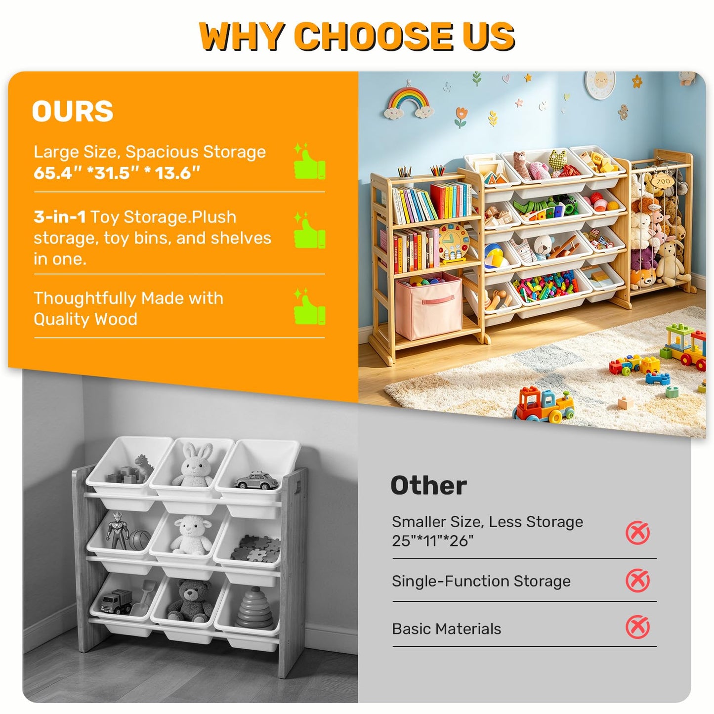 Yazzropt 65" Large Toy Storage Organizer with Bins Shelves & Stuffed Animal Storage for Kids Wood Toddler Playroom Organization with Bookshelf Toys Box Wooden Organizers for Kids Room Nursery Bedroom