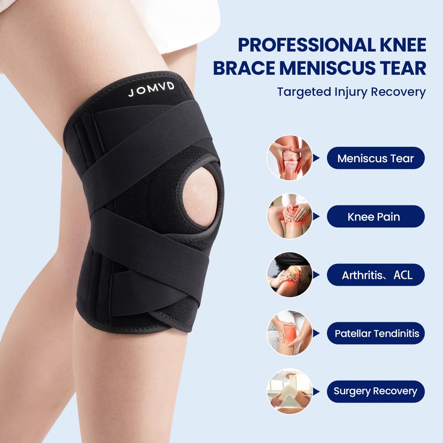 JOMVD Knee Brace for Knee Pain, Meniscus Tear, ACL, Adjustable Knee Support with Side Spring Stabilizers for Meniscus Tear, Arthritis, Patella Stability, Knee Pain Relief, Women and Men, Large