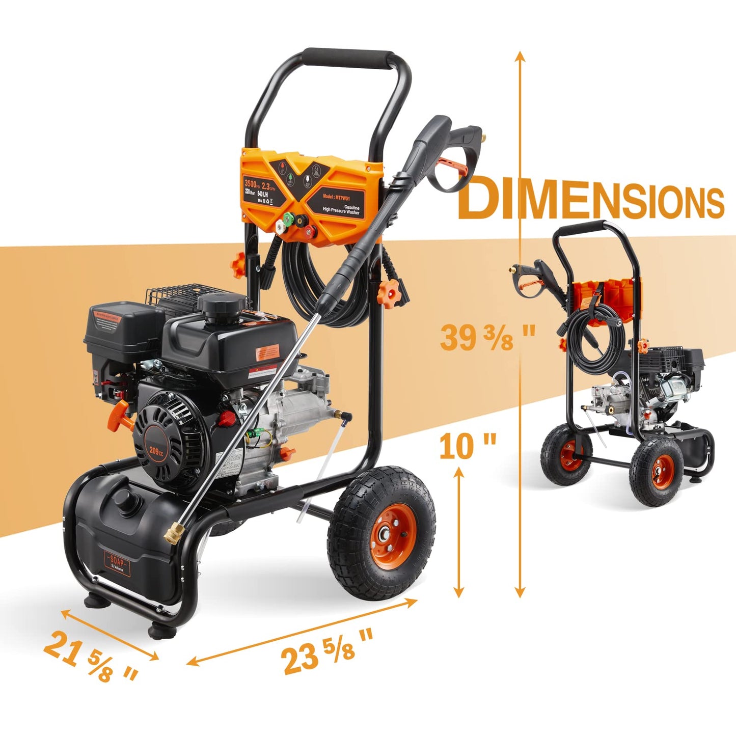 MUTAOMAY 3500PSI Gas Pressure Washer, 2.3GPM Gas Powered High Pressure Washer with 209CC Engine, 4 Adjustable Nozzles, 25 ft High Pressure Hose for Cleaning Walls, Terraces, Vehicles, Gardens (Orange)