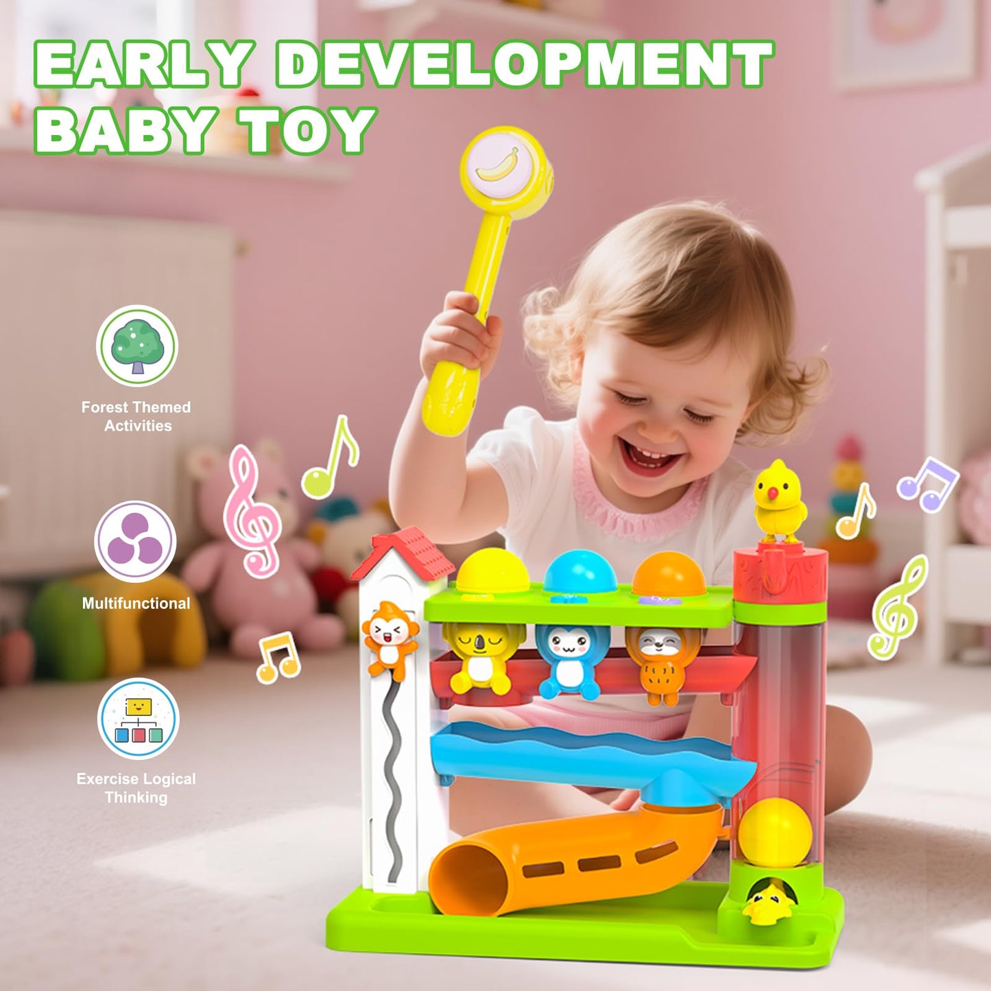 Ussybaby Toddler Musical Toys for 1+ Years Old Boy,Motor Skills Developmental Baby Toy 12-18 Months,Bilingual Toddler Learning Ball Drop Toy, Birthday Gift Toys for 1 2 Year Old Boys & Girls(Green)