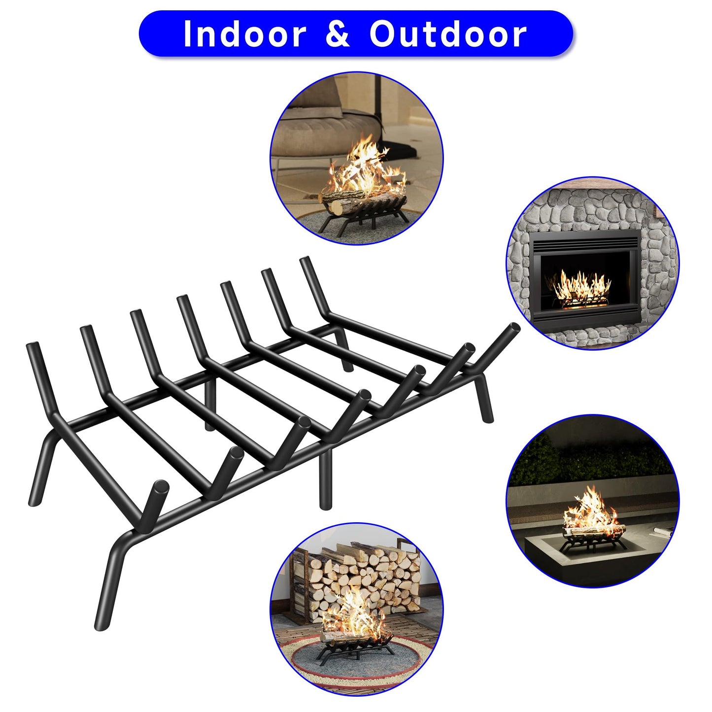 KIKIBRO Fireplace Grate 21 Inch, Firewood Log Holder Rack, Heavy Duty Fire Wood Stove Grates for Indoor Outdoor Camping Chimney Hearth Burning Fireplace Accessories Tools