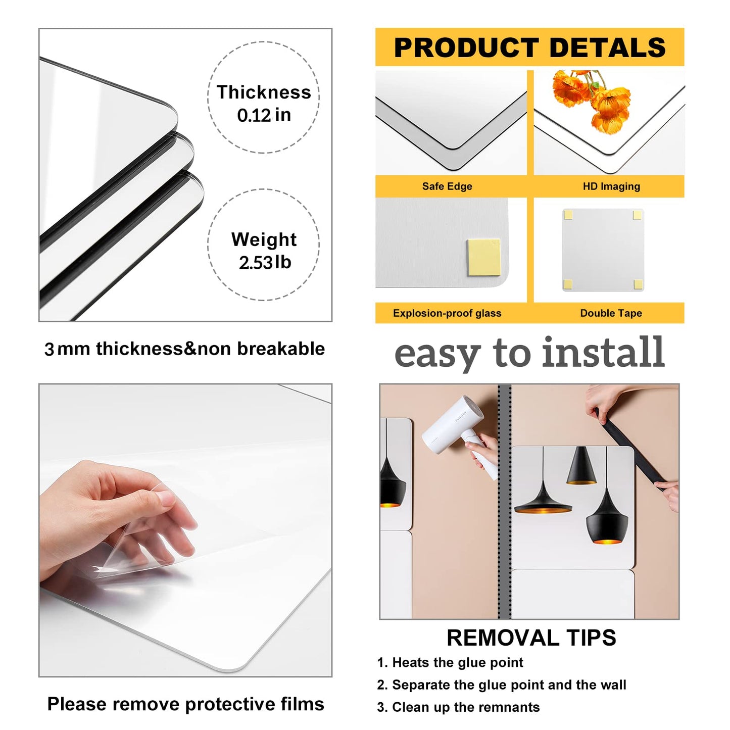 JEOYOO Full Length Mirror Unbreakable Gym Mirrors for Home Gym, 12"X12"X0.12", 4 Pcs, Plexiglass Locker Tiles, Body Workout Wall Mirror for Bedroom, Gift Idea, Over The Door Wall-Mounted Sticker