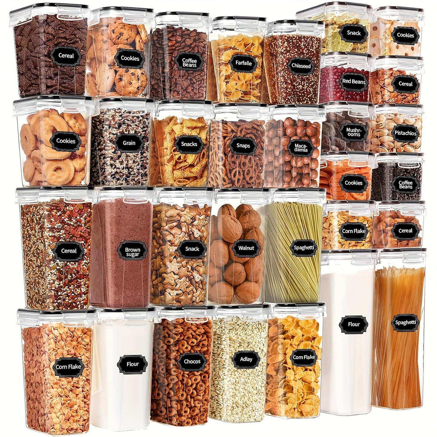 64 PCS Airtight Food Storage Containers (32 Boxs & 32 Lids), Kitchen And Pantry Organizers And Storage, BPA Free, Plastic Food Storage Canisters For Flour, Sugar, And Cereal, Labels & Marker
