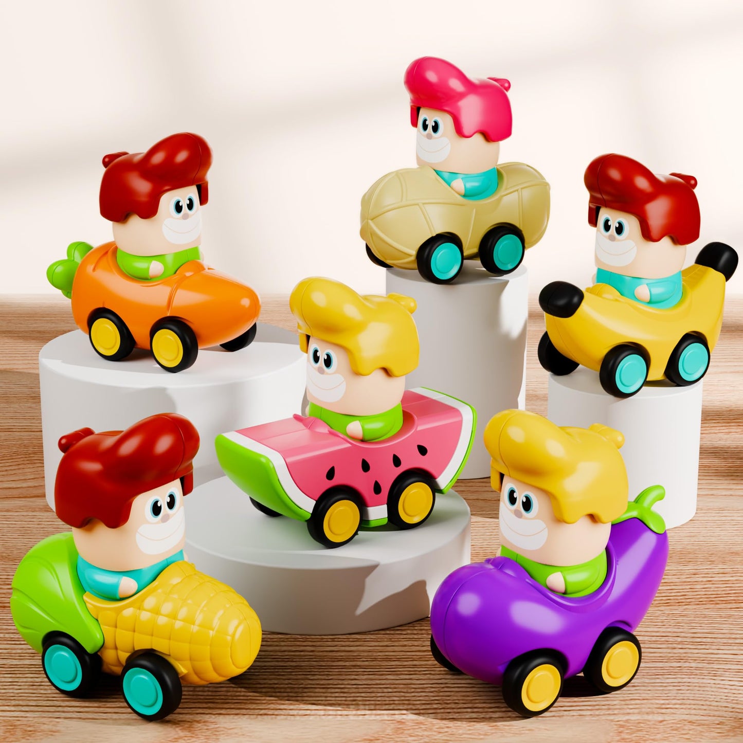 iPlay, iLearn Press to Go Car Toys for Toddlers 1-3, Baby Fruit Racing Cars, Infant Play Vehicle Set, Baby Push Go Friction Car Toys for 18 24 Month, 1st Birthday Gifts for 1-2 Year Old Boys Girls Kid