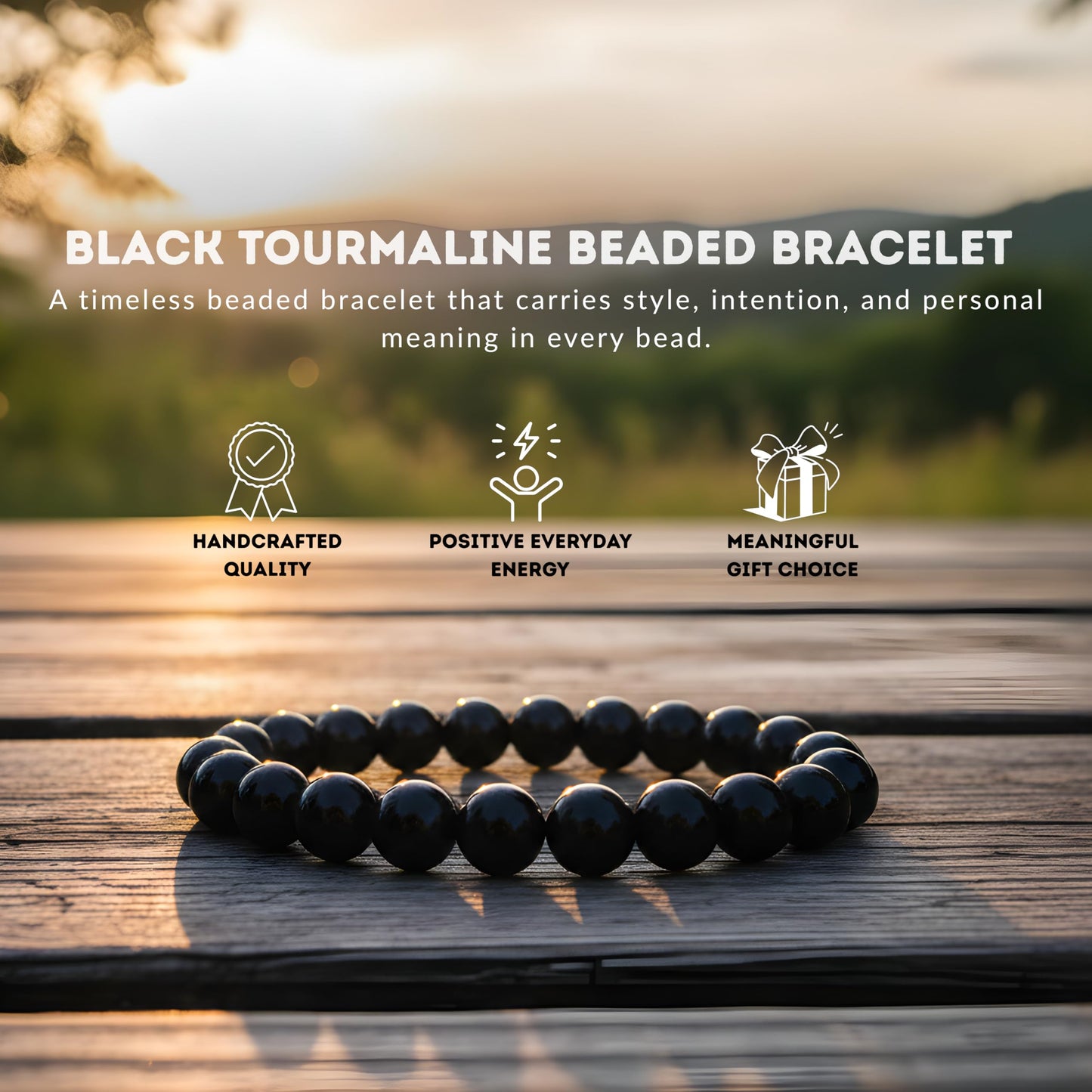 Cherry Tree Collection Black Tourmaline Beaded Bracelet – Genuine 8mm Gemstone Stretch Bracelet for Men & Women – Handmade Crystal Bracelet - (Black Tourmaline - M)