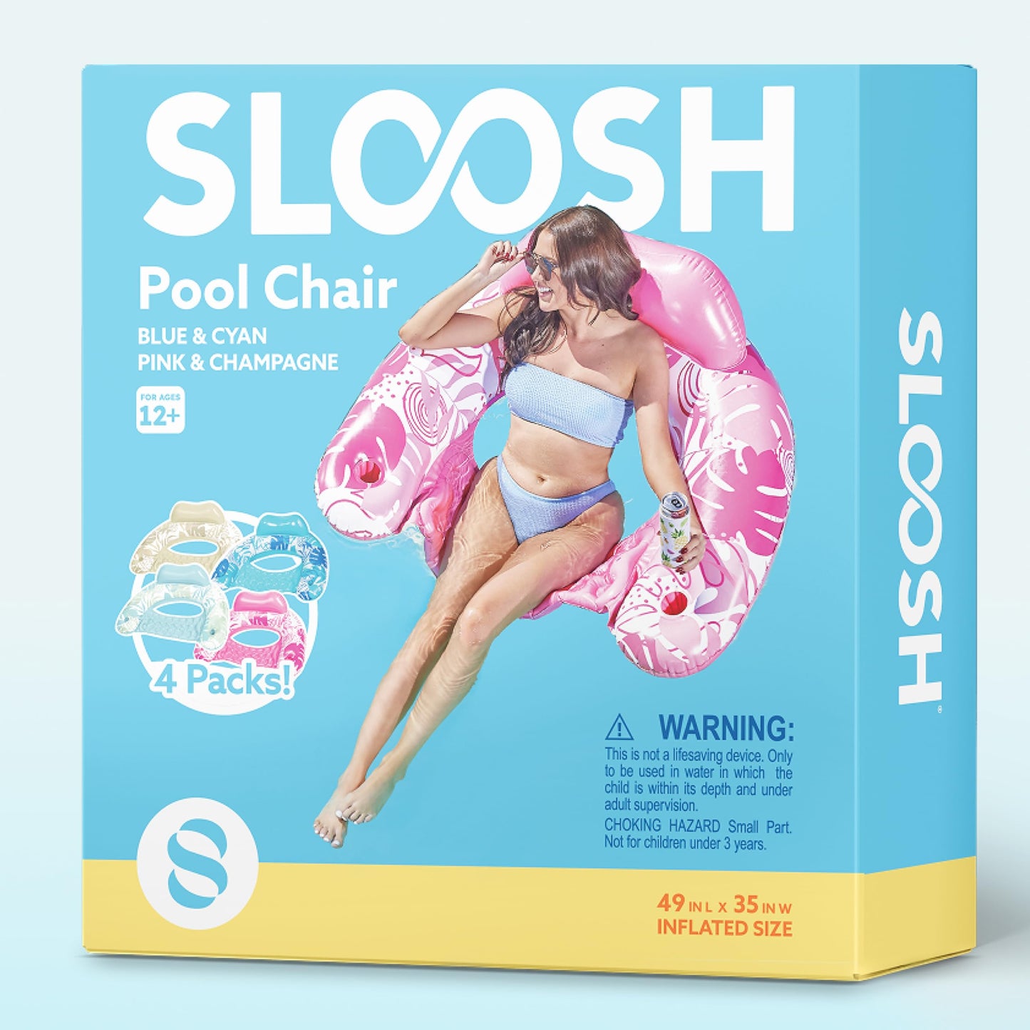 SLOOSH Inflatable Pool Floats Adult, 4 Pack Pool Chairs with Cup Holders,Blow up Floats Chair,Hammock Noodle Mat Leaves Design for Summer Water Fun Swimming Party Beach,Blue, Cyan, Pink, Champagne