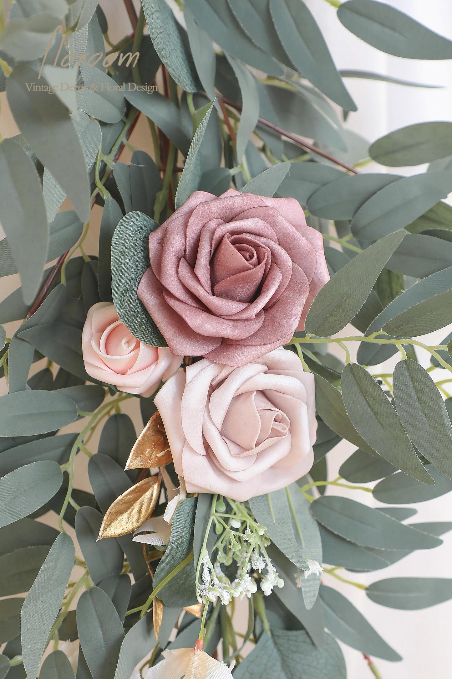 Floroom 6ft Artificial Eucalyptus Garland with Flowers Fake Greenery Faux Floral Vine Garland for Table Decor Wedding Centerpieces Bridal Shower Party Decorations, Garden Dusty Rose