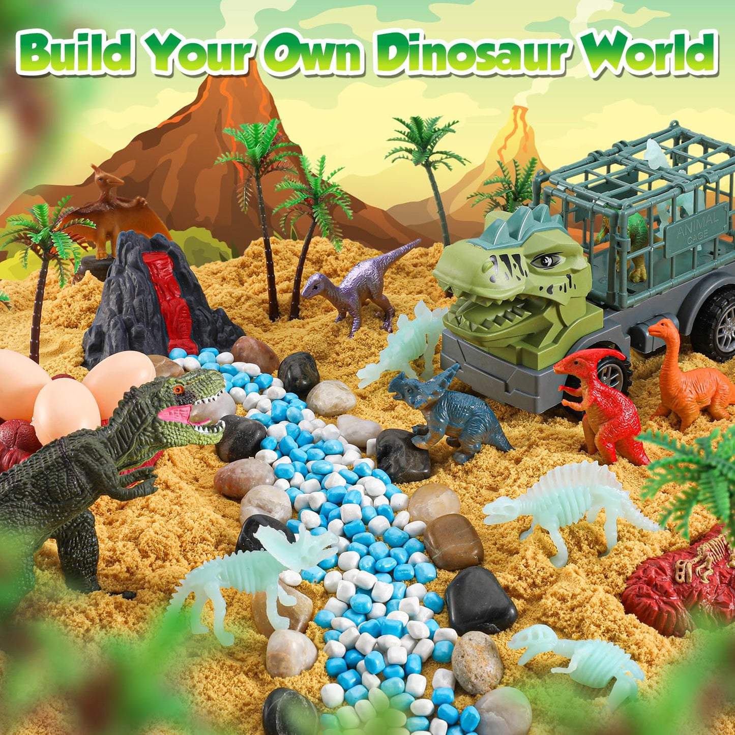 FRUSE Dinosaur Sensory Bin Toys,Play Sand Art Kit with 2.2lbs Sensory Play Sand,Glow in The Dark Dinosaurs,Dino Magnifying Glass and Sandbox,Learning Toys for Kids Ages 3 4 5 6 7 8