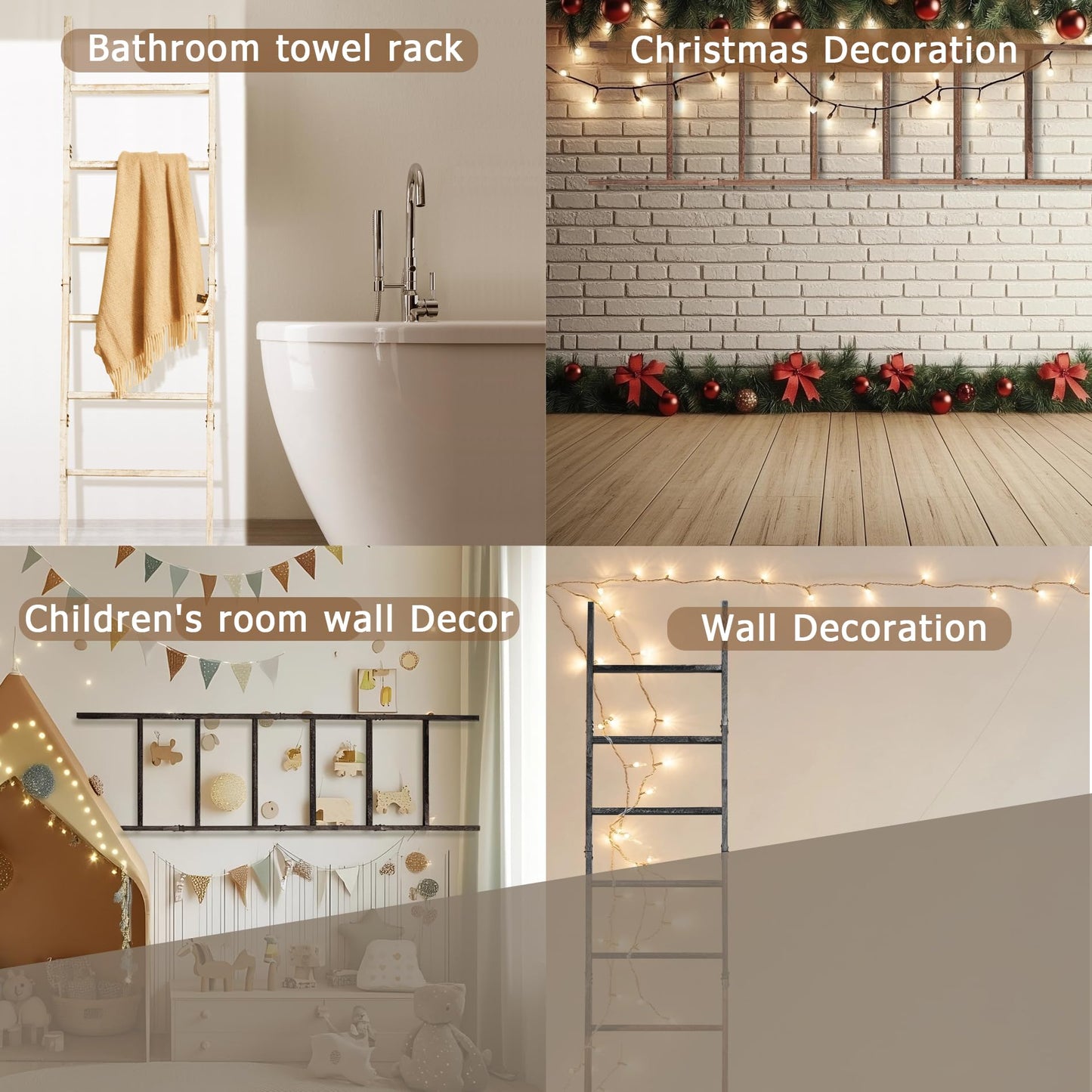 Blanket Ladder for The Living Room 6-Tier, Wooden Decorative Quilt Holder for Bed Room, Wall-Leaning Towel Rack for Bathroom,Rustic Farmhouse Ladders for Display. (White Wash)