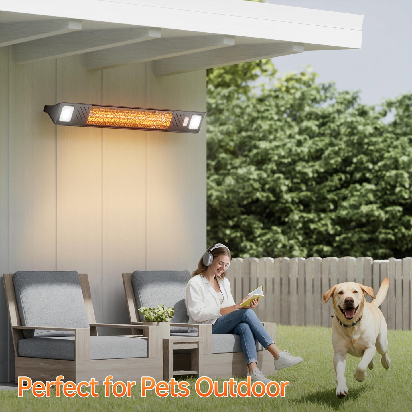 Wall-Mounted Electric Heater Hanging Patio with Light Ceiling Outdoor, 1500W Infrared 9 Heat Levels, 24H Timers, 1s Heating Carbon Fiber Tube Wall Heater for Backyard, Garage