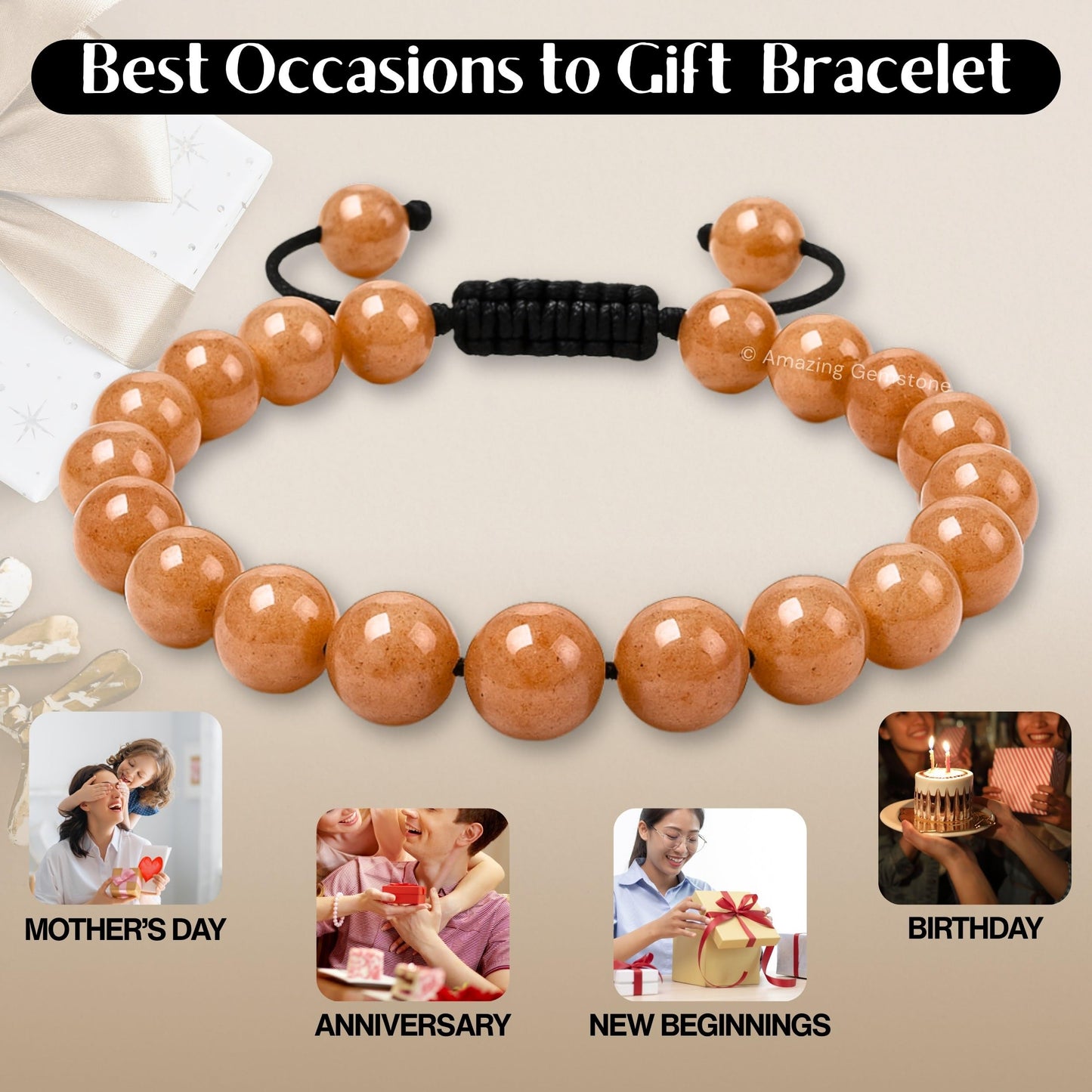 Amazing Gemstone Sunstone Bracelet for Women Men's Gifts - Protection Healing Crystal Bracelet - 8mm Gemstone Beaded Adjustable Bracelet