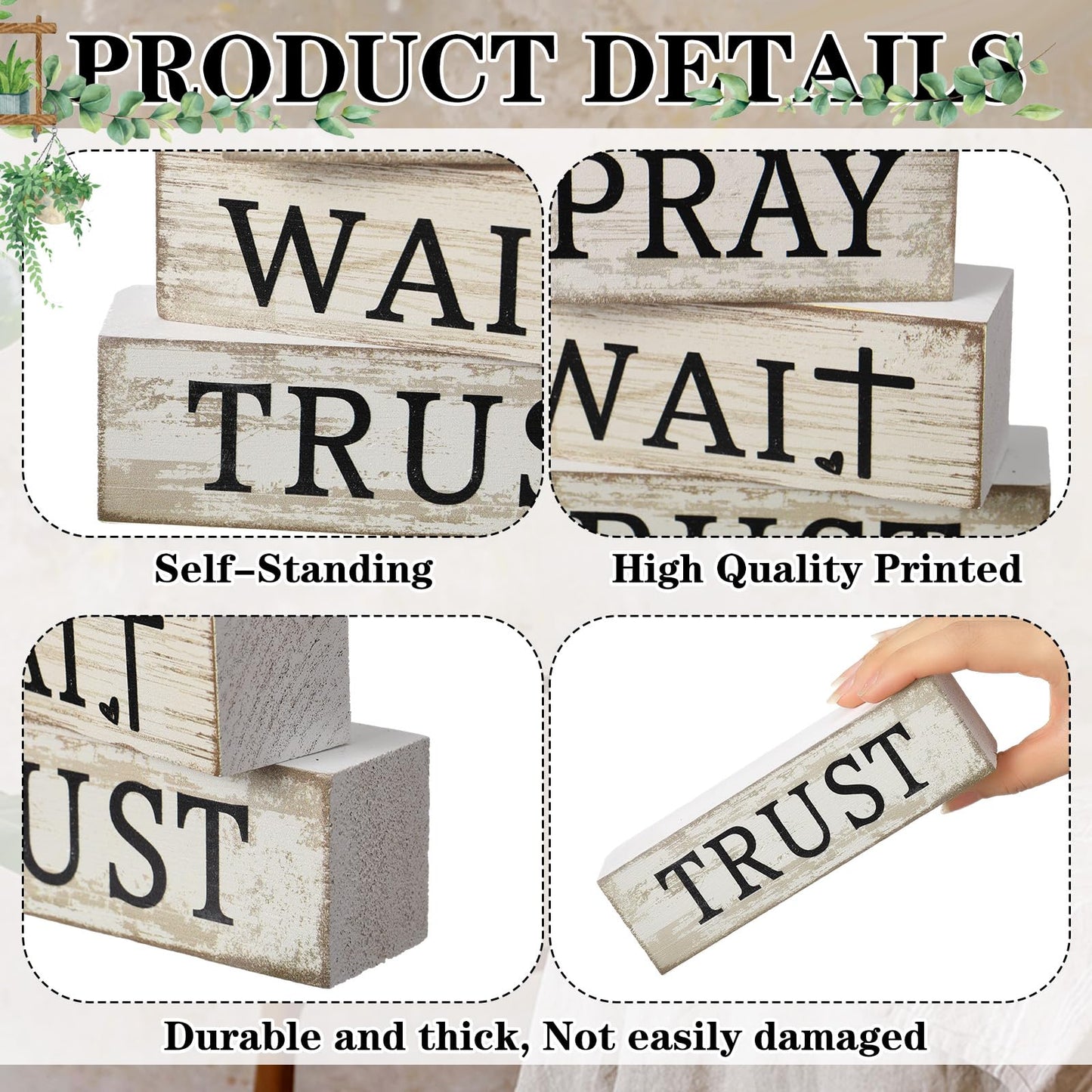 CroBlissful 4 Pcs Farmhouse Wooden Tabletop Decor Bible Verse Decorative Sign Inspirational Religious Christian Table Decor Pray Wait Trust Centerpiece Easter Gifts for Home Kitchen Shelf Mantle