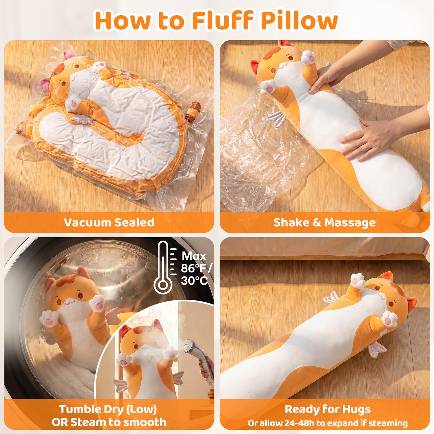 Mewaii Long Cat Plush 5 Sizes, 120% Extra Filling Giant Plushness Kids Body Pillow, Kawaii Cute Brown Cat Stuffed Animals Plushies, Big Long Body Pillow Cat Plush Gift for Girls 36”