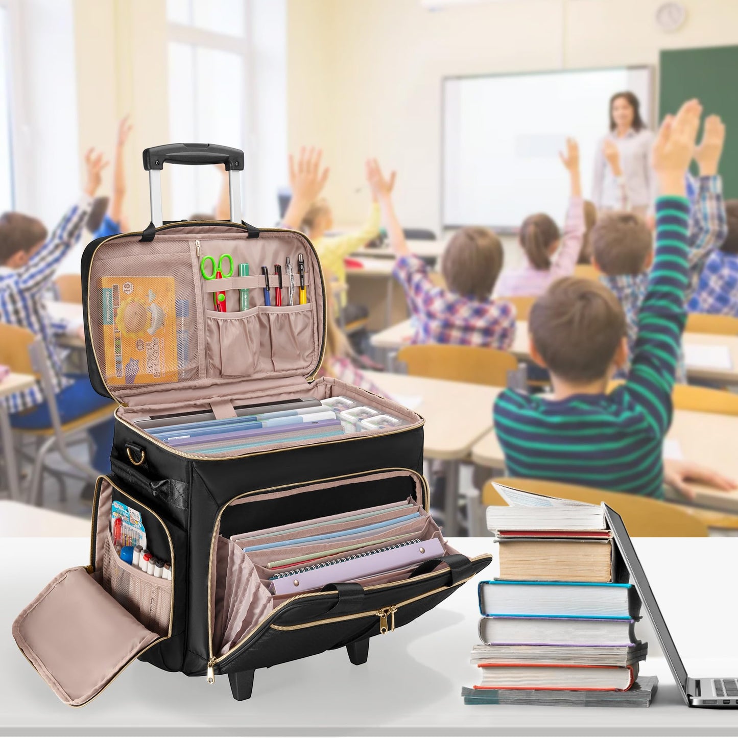 Prokva Rolling Teacher Bag with Wheels, Teacher Tote Bag with Detachable Trolley, Fits for 15.6" Laptop, Black (Patent Design)