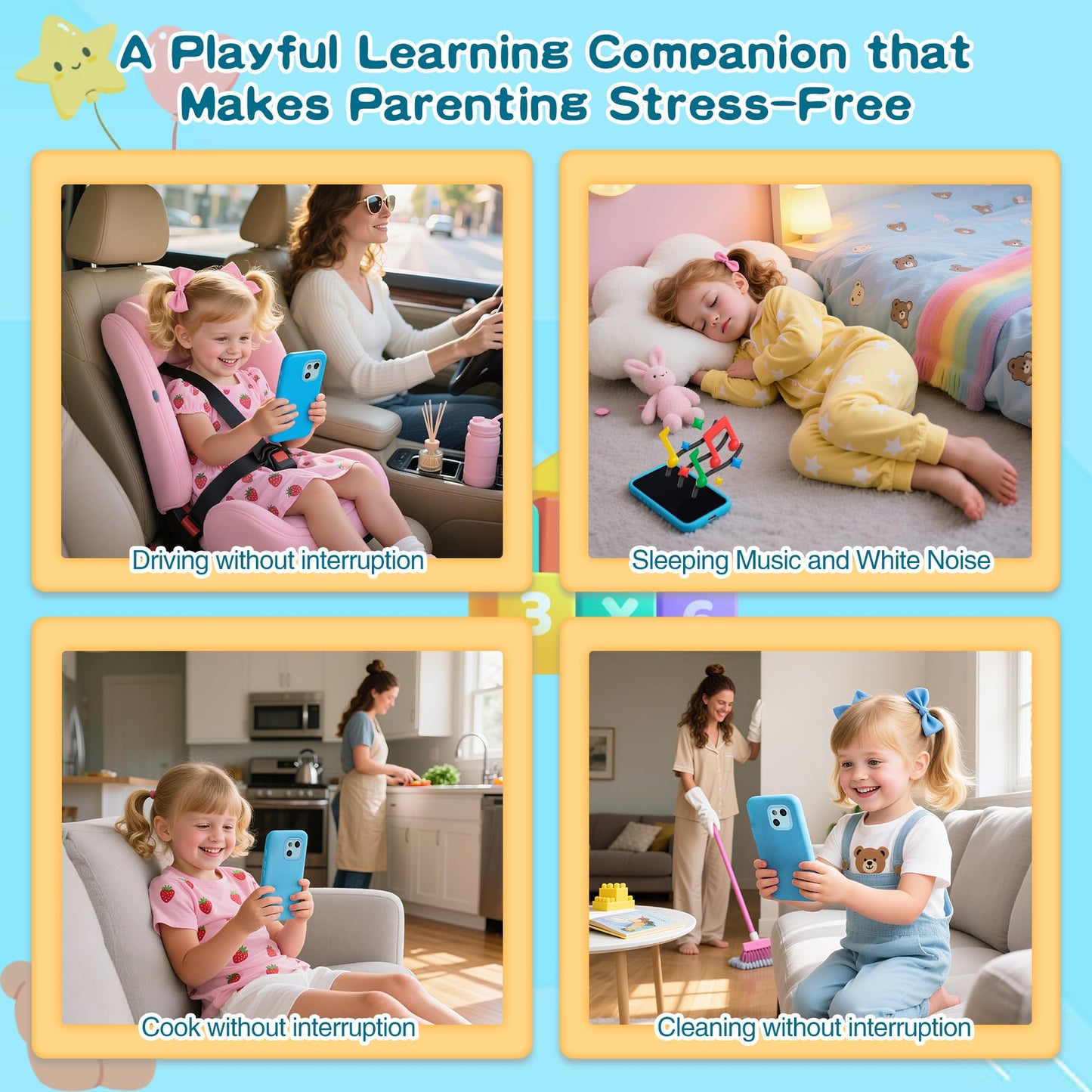 PAMOX Kids Toy Phones with Dual Camera, Learning Toys Phones Gifts for Kid 3-12 with 200+ Educational Puzzle Games, 4" Touchscreen Rechargeable Blue Child Smartphones with Parental Control
