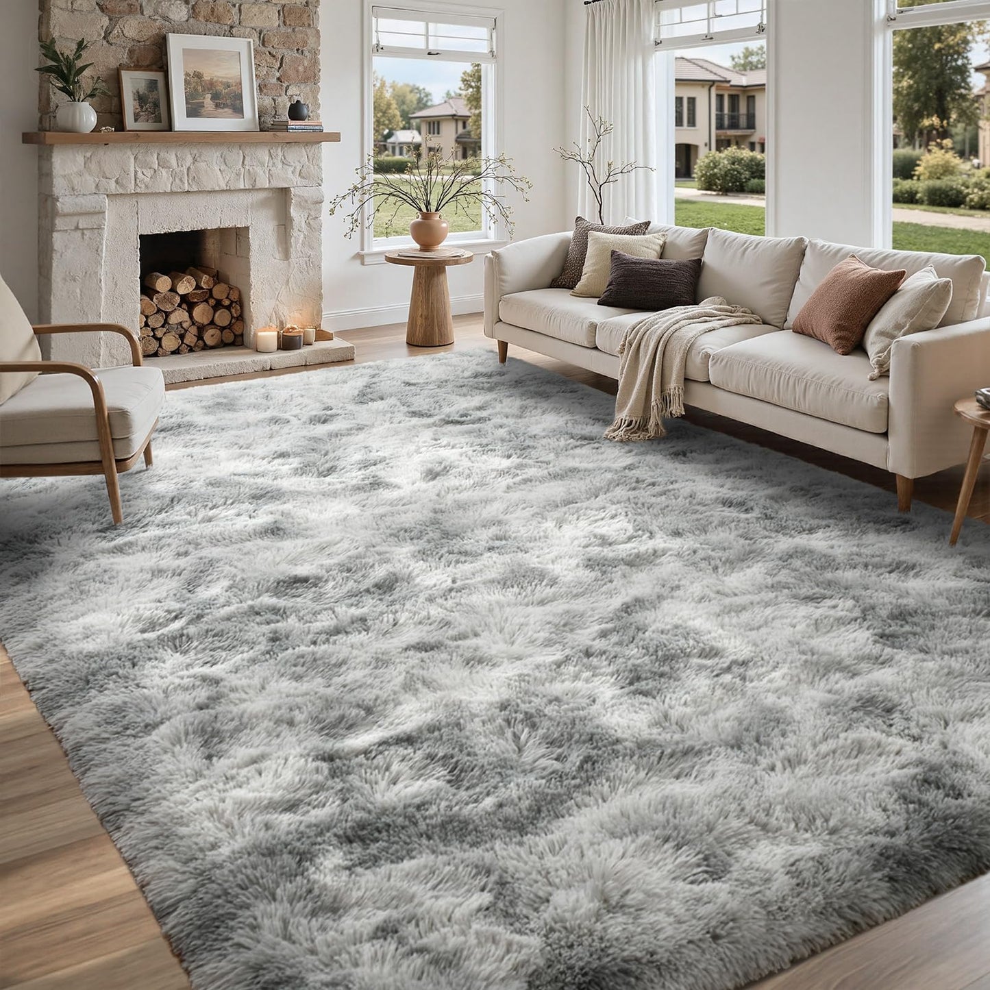 LòutiRoot Home 5x8 ft Rug for Living Room Fluffy Grey White Shag Rug Non-Slip Area Rugs Carpet for Bedroom Nursery Kids PlayRoom Dorm Office Indoor Modern Plush Carpets
