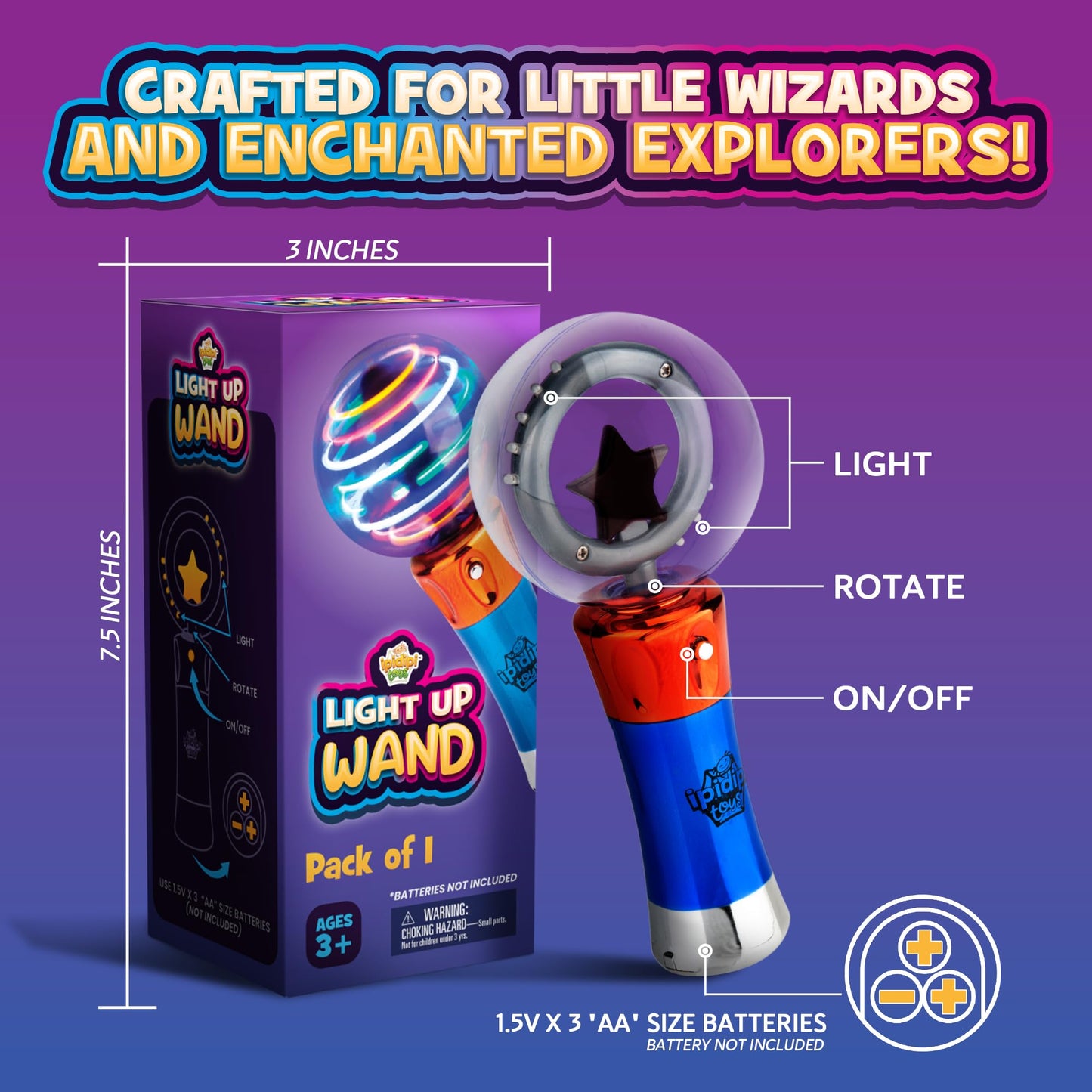 IPIDIPI TOYS Spinning Light Up LED Magic Wand for Kids - Easter Basket Stuffers Light Up Toys, Goodie Bag Filler - Ideal Gift, Birthday Party Favors for Boys & Girls