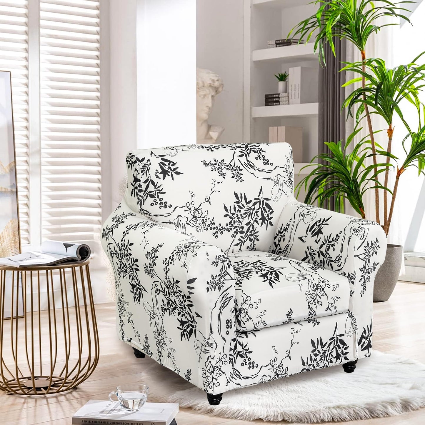 FUANGUI 2 Piece Chair Covers Stretch Arm Covers Chair Couch Covers, Armchair Slipcover with Separate Chair Cushion Cover, Floral Washable Chair Protector for Living Room (Armchair, Ink Pattern)