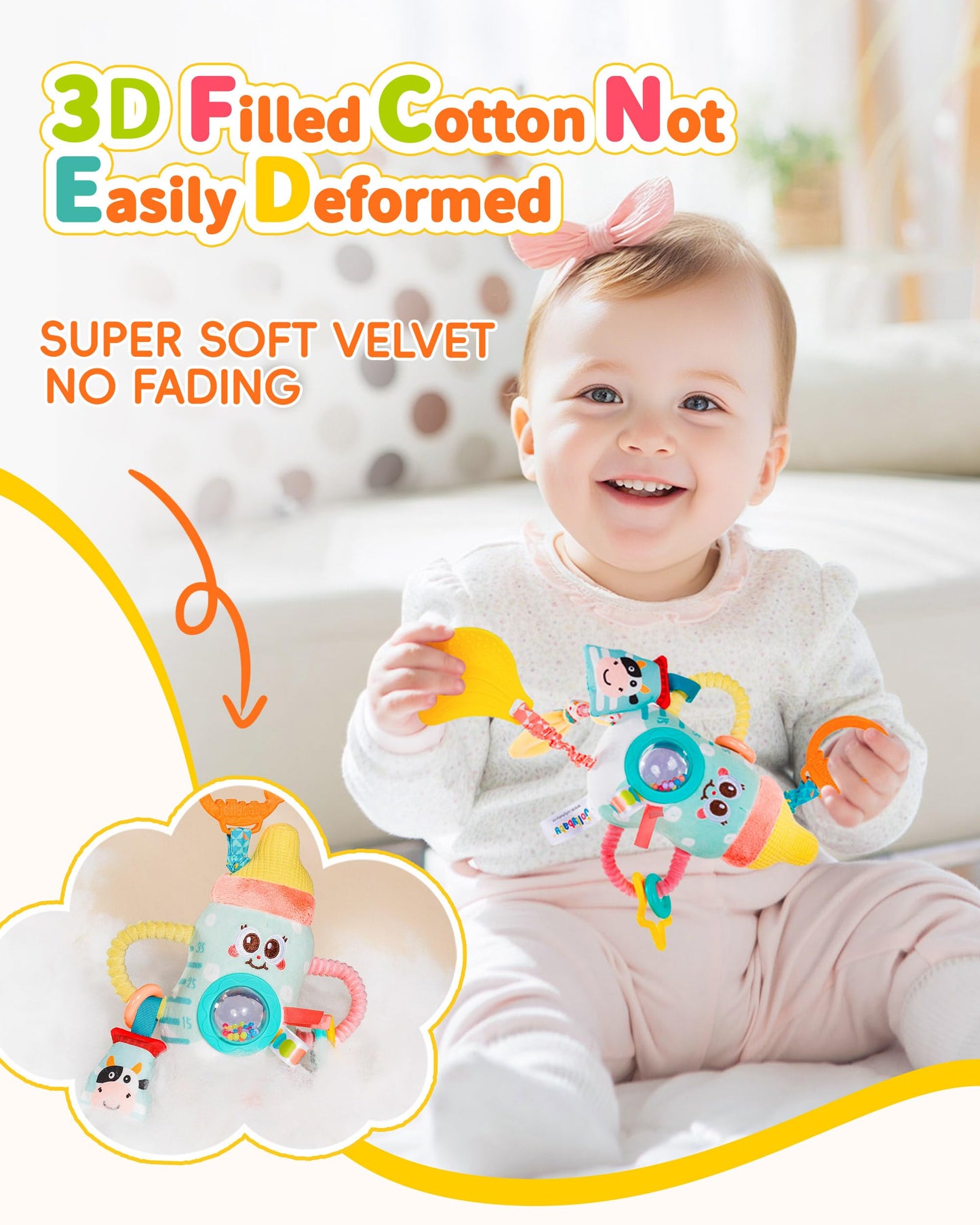 Jollybaby Baby Pull Vibration Toy - Tummy Time Sensory Hanging Toys for Car Seat, Stroller, Crib & Play Gym, with Babies Rattles & Teether, Airplane Travel Toys for Toddlers Gift - Donut