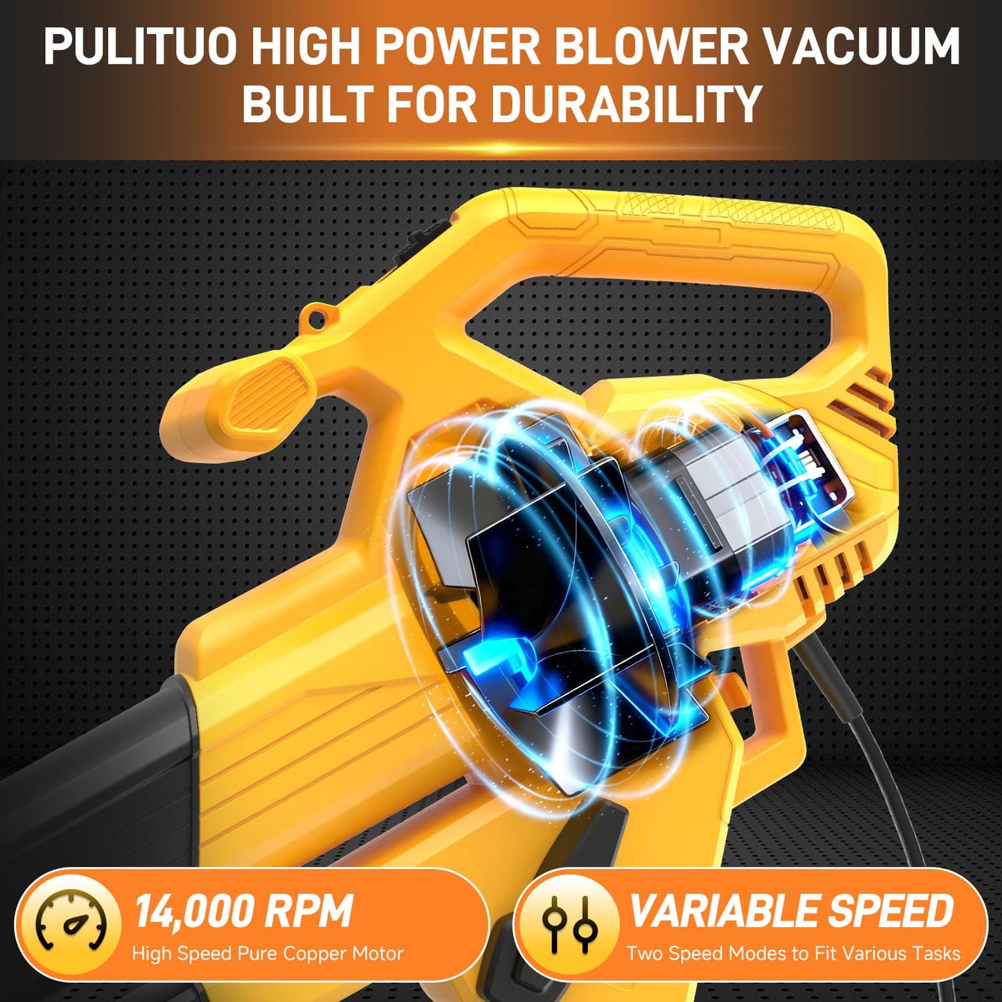 PULITUO 3 in 1 Electric Leaf Blower Vacuum Mulcher with Bag, 530CFM & 170MPH Leaf Vacuum Corded Blowers for Lawn Care, 15:1 Powerful Leaf Mulcher with Shoulder Strap (Yellow)