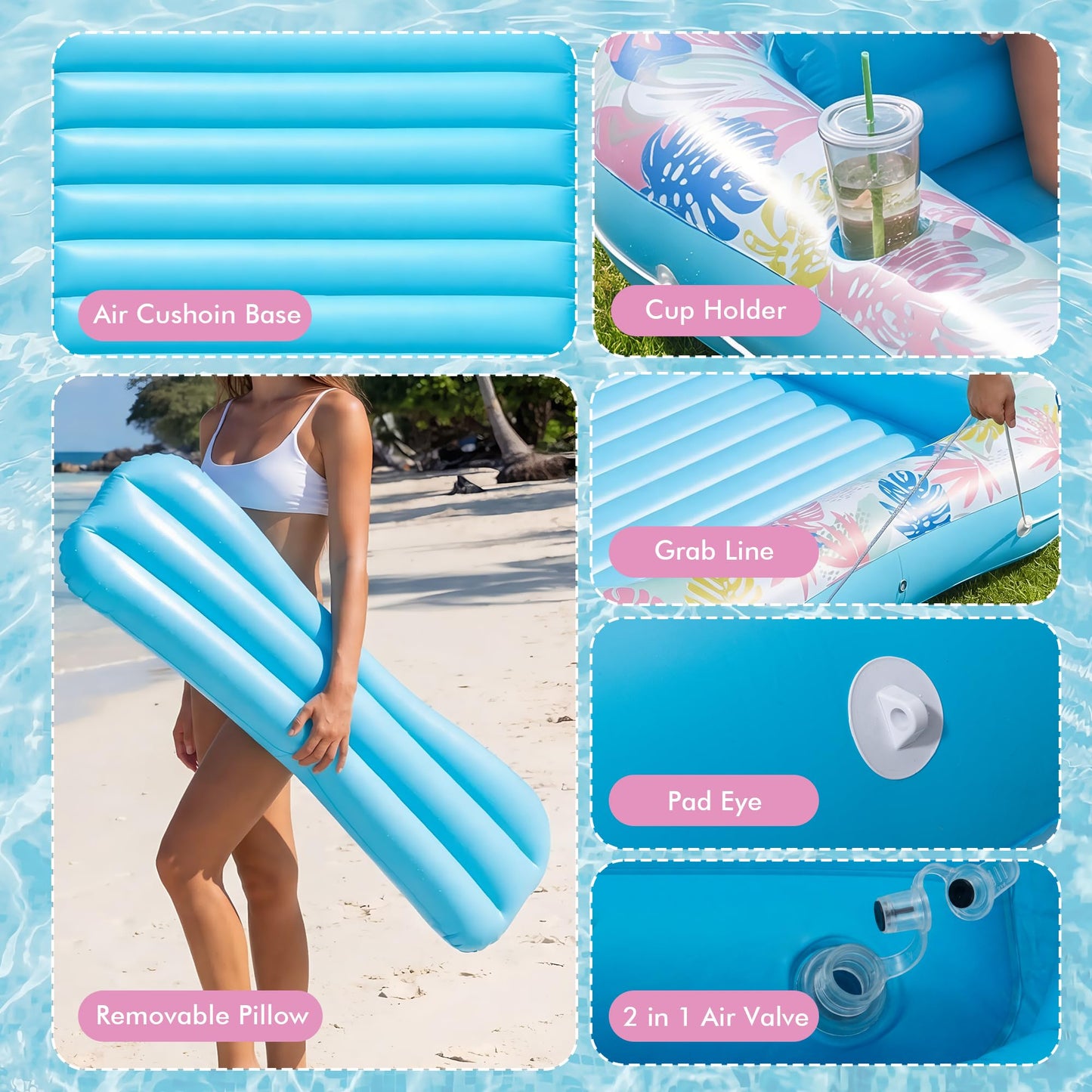 Tanning Pool Lounger Float, OKSUWATER 87" x 63" Pool Floats Adult with Headrest & Drink Holder, Blow-Up Bed Sun Tan Tub for Sunbathing, Beach, Backyard, Outdoor, Summer Water Party (Blue-XL)
