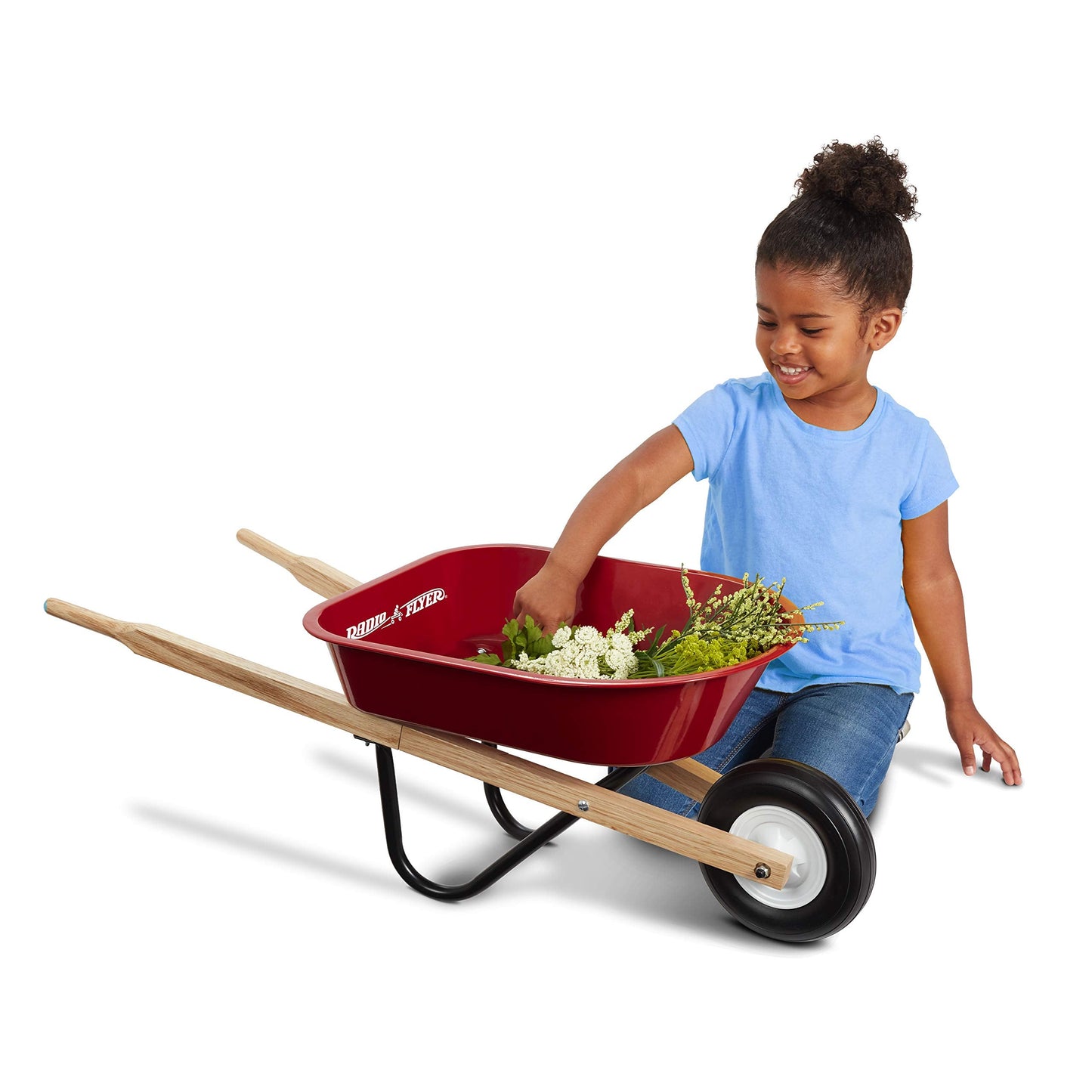 Radio Flyer Classic Kids Wheelbarrow, For Kids 3+, Seamless Steel Tray with No-Scratch Edges, Real Wooden Handles, Durable Front Wheel, Steel Undercarriage, 25 lb Capacity, Garden Toy for Children