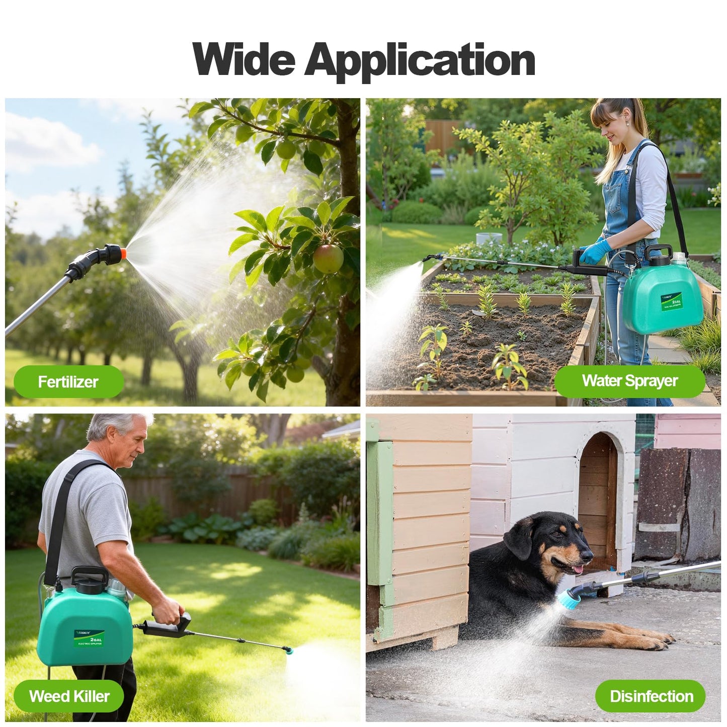 VAXMAY Battery Powered Sprayer 2 Gallon, Upgrade Electric Garden Sprayer with 3 Adjustable Speed, Battery Indicator, 4 Mist Nozzles, Rechargeable Handle, Retractable Wand, Shoulder Strap for Weed Lawn