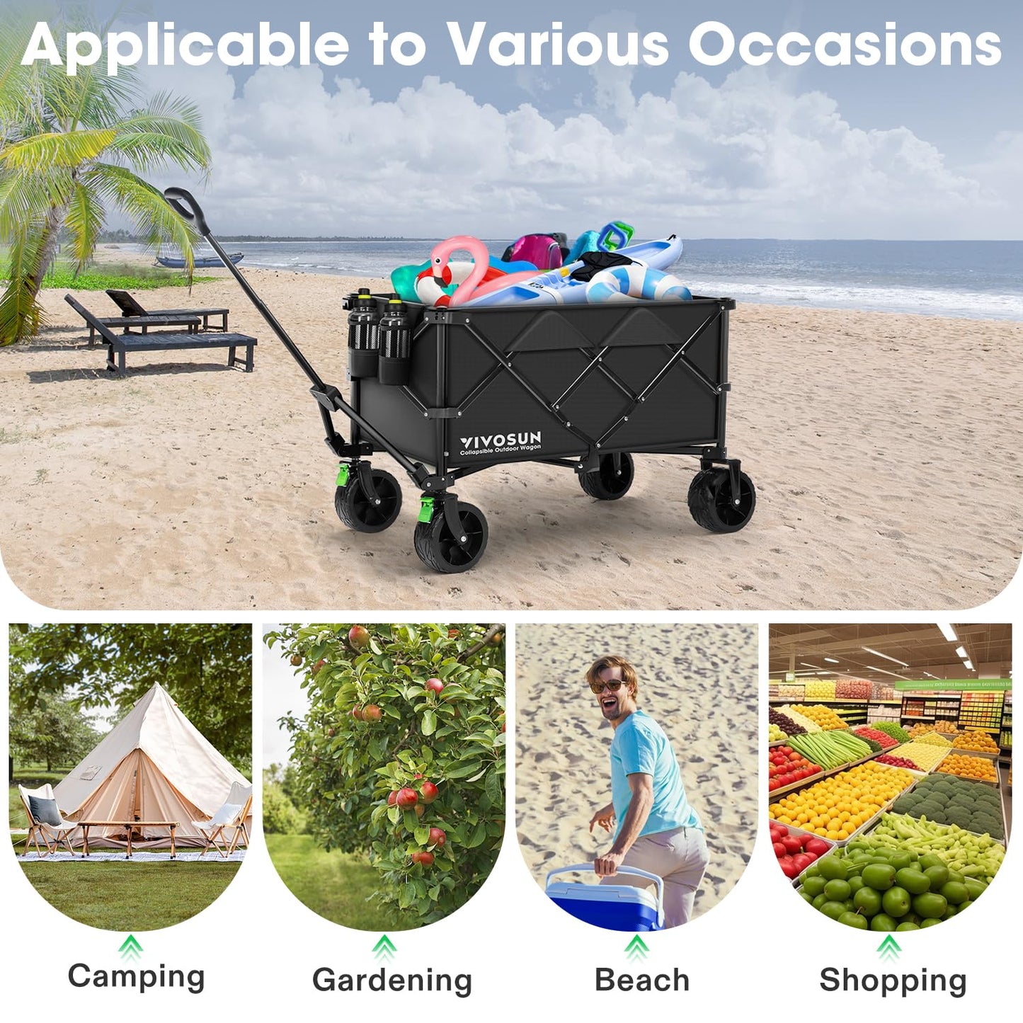 VIVOSUN Collapsible Folding Wagon, Outdoor Utility with Silent All-Terrain Wide Wheels, Adjustable Handle, Cup Holders & Side Pockets, for Camping, Beach, Shopping, Garden, Sports, Picnic, Black