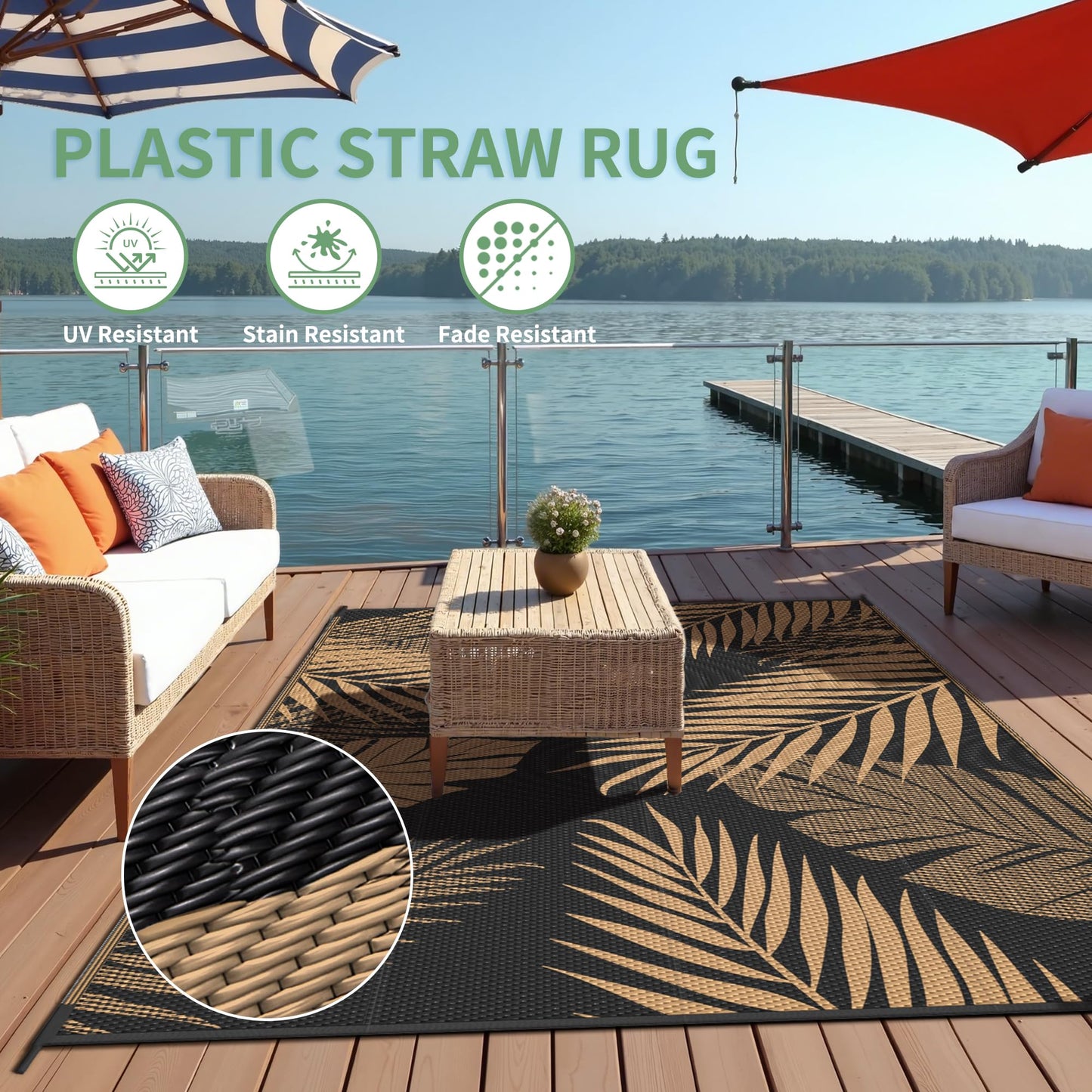 sarben Outdoor Rug 4’x6’ Waterproof for Patio Clearance, Reversible Indoor Outdoor Plastic Straw Camping Rug Carpet, RV Mat, Large Area Rug for Deck, Backyard, Balcony, Porch, Beach, Black & Brown