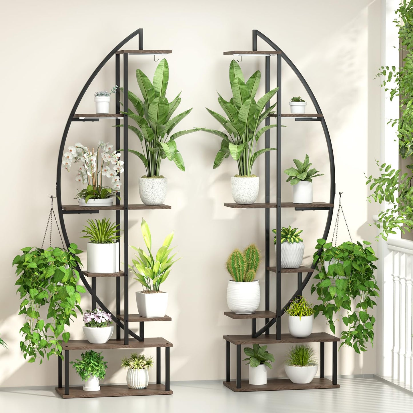 BLAZPATH Plant Stand Shelf Indoor with 6 Grow Light, 7 Tiered 65" Tall Black Large Half Moon Lighted Plant Rack Holder, 2 Pack Big High Circular Arch Multi Herb Stand with Built in LED Grow Light Set