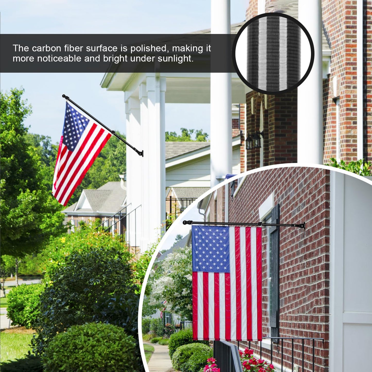 Msnaile 6FT Carbon Fiber Flag Pole, Flagpole for Outside House, Porch Flagpoles, Tangle Free Black Flag Pole Kit, Wind-Resistant, Bend-Resistant, Rust-Free (Includes Bracket, Plain Carbon Fiber)