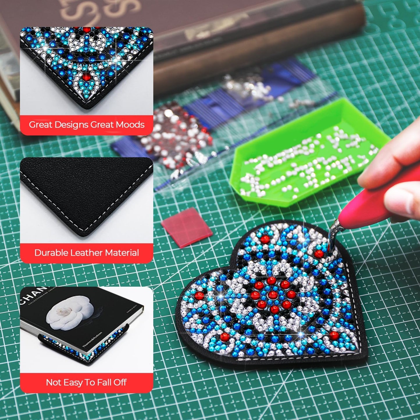 Diamond Painting Bookmark Bead Art Leather Book Mark Craft Making Kit for Adults Night Rhinestone Craft Party DIY Bedazzling Art Bookmark Paint by Gem Dots Crafts Motherās Day Women Gift (Black Heart)