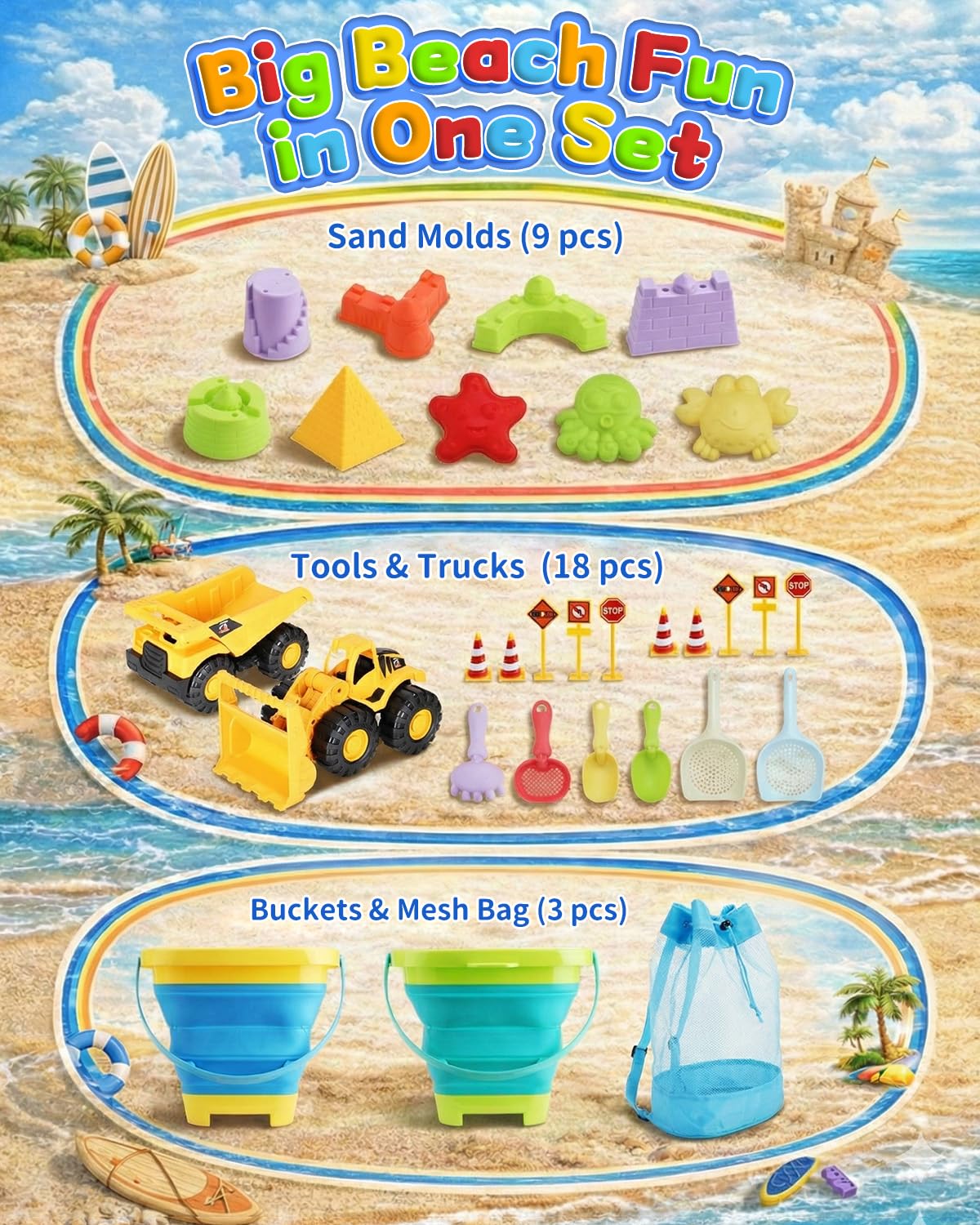 KONYXALU 30PCS Beach Toys for Kids Ages 3-10, All-in-One Sand Toy Set with 2 Collapsible Buckets, Mesh Bag for Easy Packing, Trucks, Sea Animal Molds, Shovels & Sieves for Beach, Sandbox & Snow Play