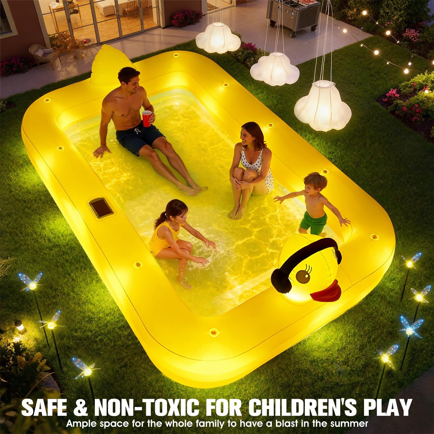 FizZeal Inflatable Pool with Lights,Solar Duck Inflatable Swimming Pool for Kid,Blow Up Pool for Adults,Large Inflatable Kiddie Pool,Durable Thickened Family Inflatable Kid Pool for Backyard 100*63*22