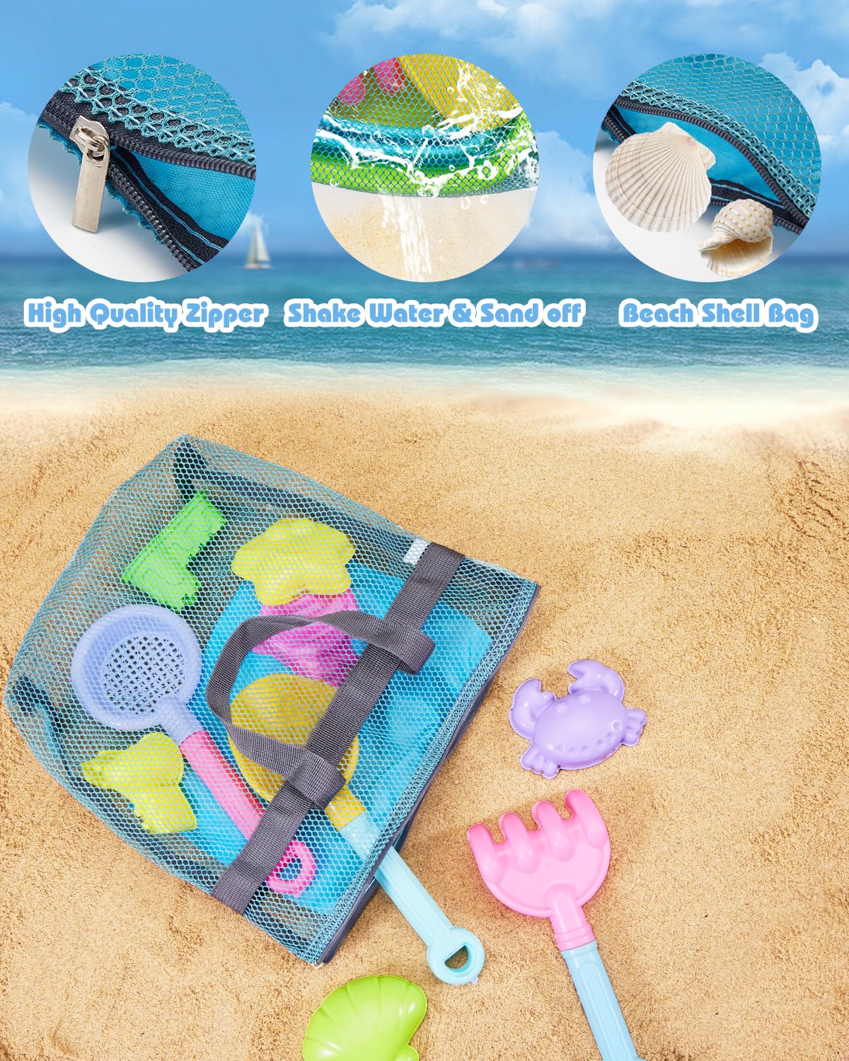 Unistylar Beach Toys, Sand Beach Toys for Toddlers with 3 Collapsible Foldable Sand Bucket and Shovels, Mesh Bag, Castle Animal Molds Sets, Travel Sandbox for Kids Age 3-10
