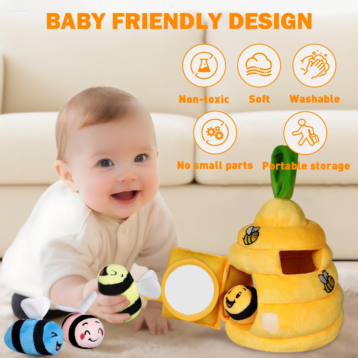 Sortnic Baby Toys 6-12 Months, Soft Beehive with 4 Sensory Bees, Map Pad, Rattle, Crinkle Paper, Squeaker, Mirror, Busy Montessori Toy for 0-3 Years Old, Infant Toys Baby Easter Basket Stuffers Gifts