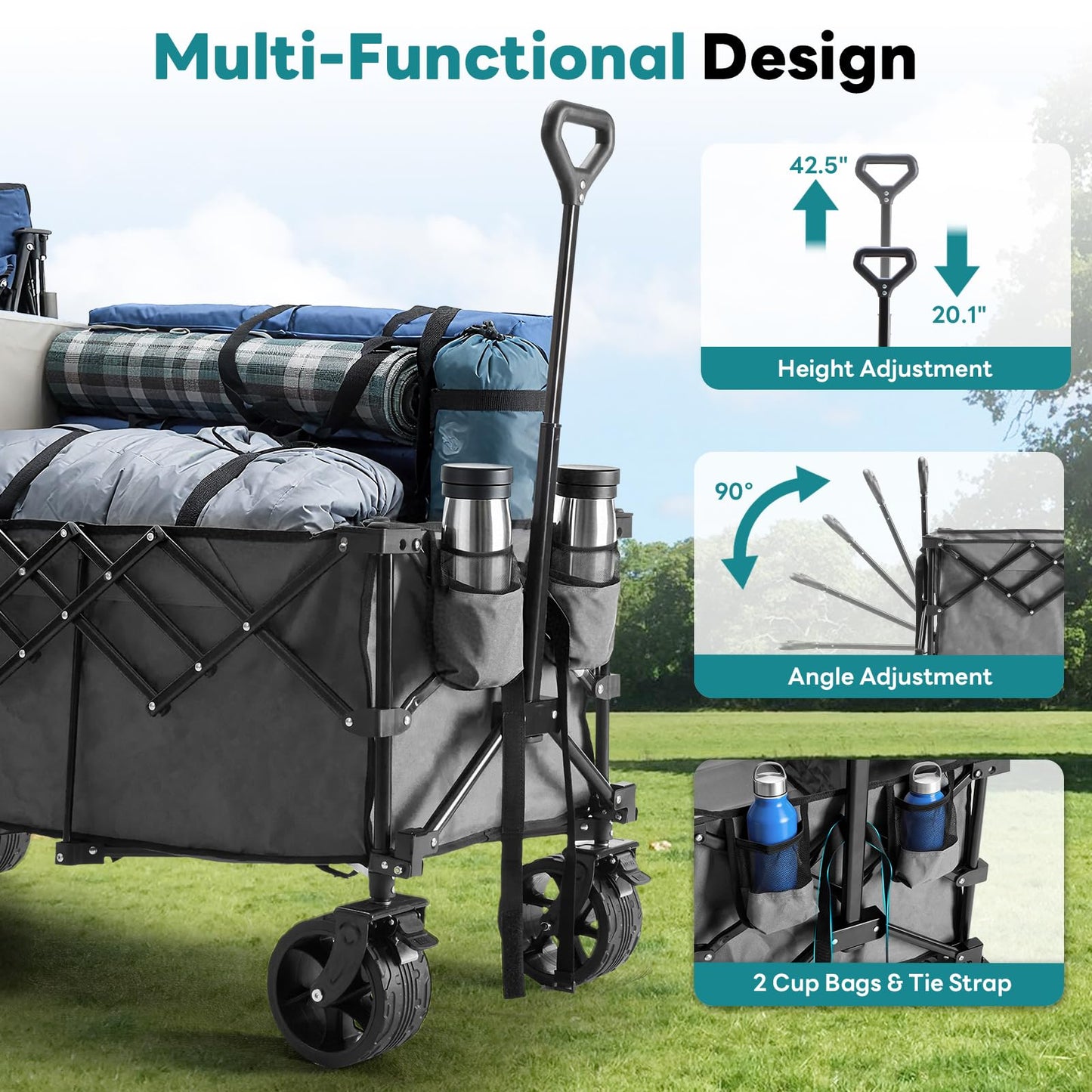NEWBULIG Wagon Carts Foldable - 440LB Extra-Long Heavy-Duty Collapsible Wagon with All-Terrain Wheels, Portable Storage Shopping Cart for Groceries, Camping, Sports, Beach, Garden
