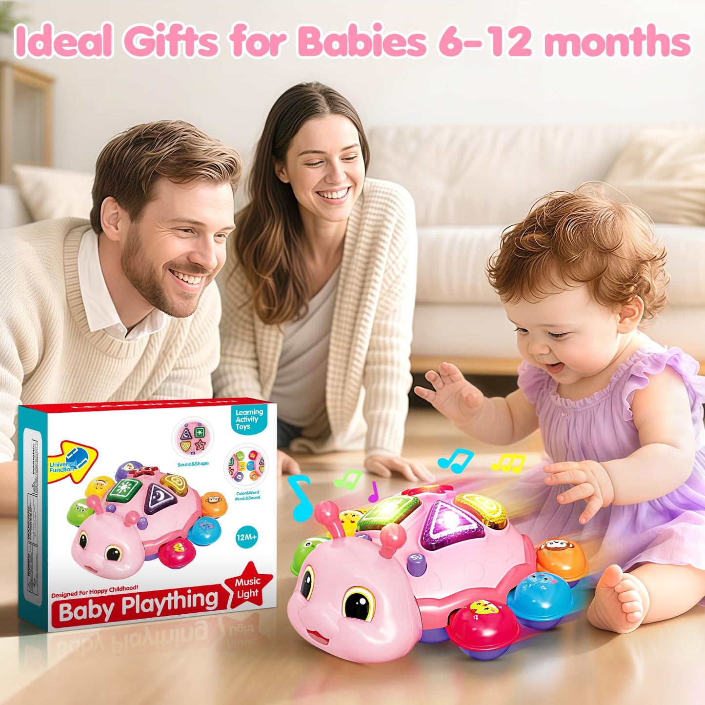 Baby Crawling Toys for 6-12 Months, Musical Toys for Infants 7 8 9 10 11 Months, Early Learning Educational Toy with Sound, Tummy Time Development Toys, Christmas Birthday Gifts for 1 Year Old, Pink