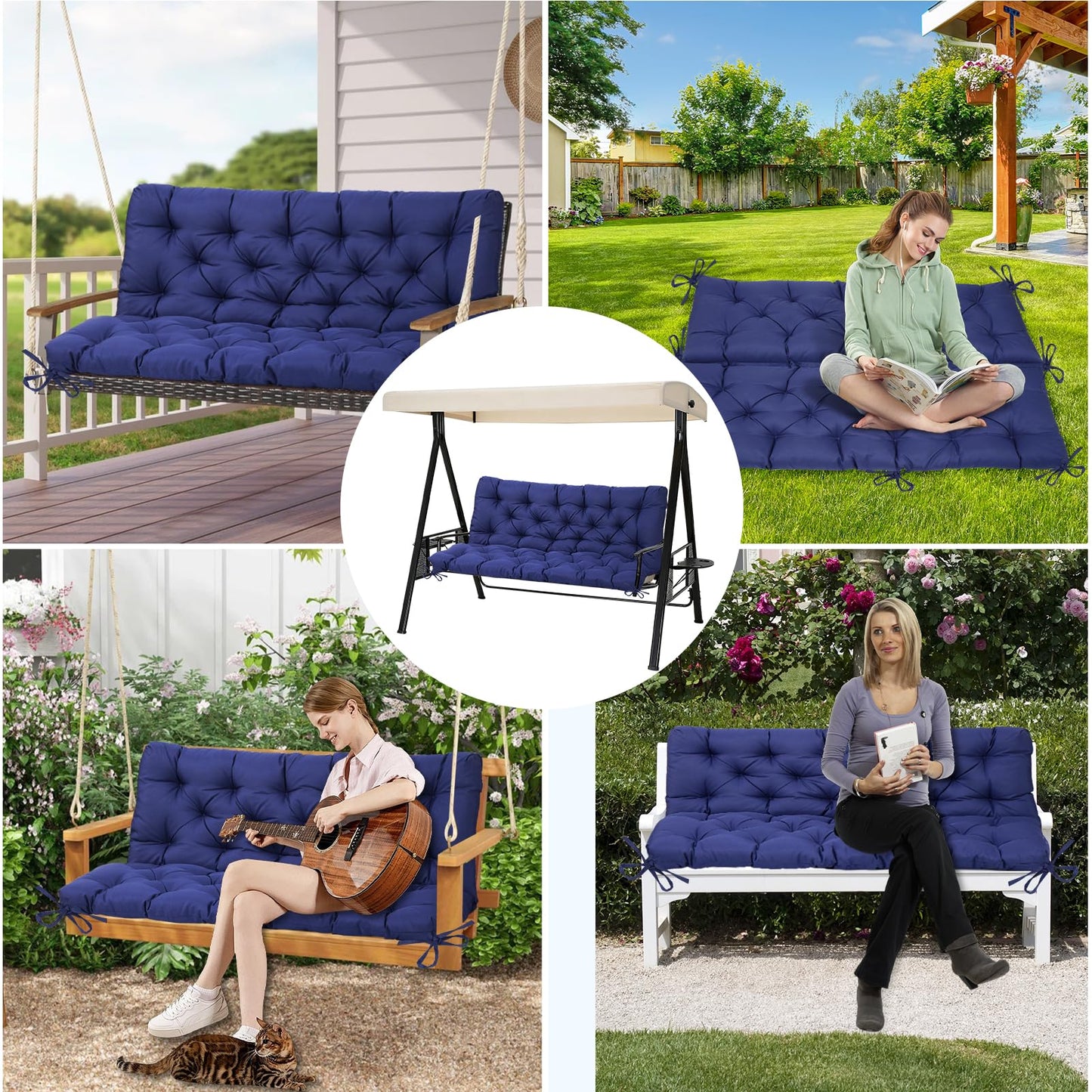 EverPine Outdoor Swing Cushion Replacement Patio Bench Cushion Waterproof Thick Seat Pad for Porch Swing Daybed Garden Sofa Furniture (Navy Blue)