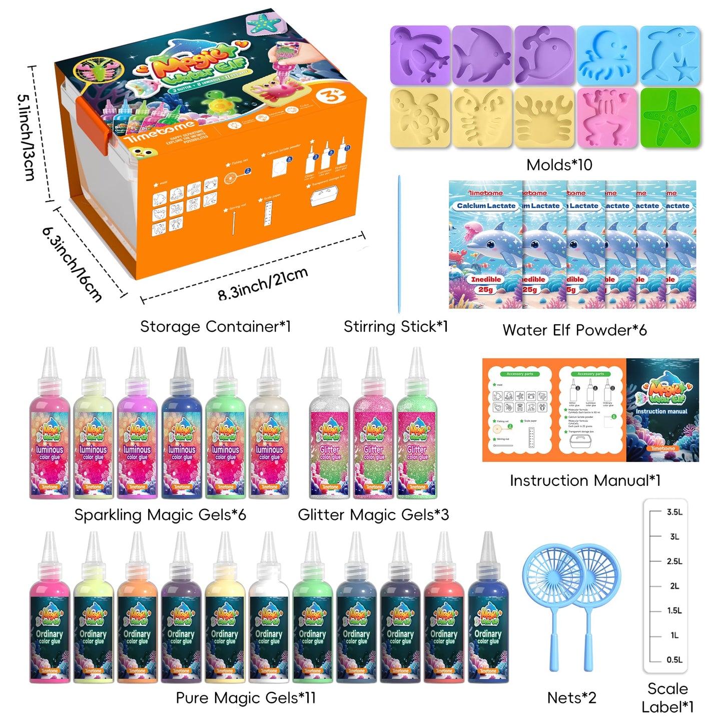 Timetome Magic Water Elf Toy Kit for Kids β 20 Gels (11 Standard + 6 Glitter + 3 Glow) & 10 Molds, DIY Squishy Maker, Aqua Fairy Gel Toys, Night Glow & Glitter, Valentine Gifts for Boys & Girls 3+