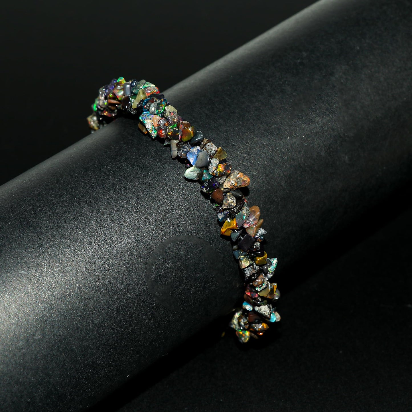 CRYSTALIS Natural Black-Opal Beads Braided Rope Bracelet, Chips Nuggets Beaded Gemstones, Chakra Healing Stones, Womens Jewelry, 14K Gold Plated 925 Sterling Silver Bracelet 8 inch