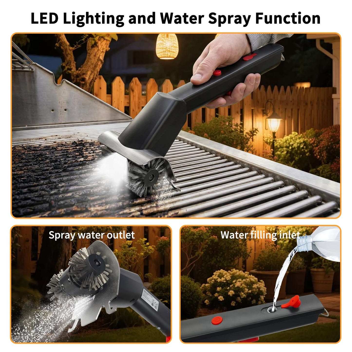Hitish Cordless Electric Grill Brush for Outdoor - Waterproof BBQ Grill Cleaner with Lights Water Spray - Grill Cleaning Brush for Burnt-On Grease&BBQ Grates, 90 Mins Runtime, 2 Stainless Heads Refill