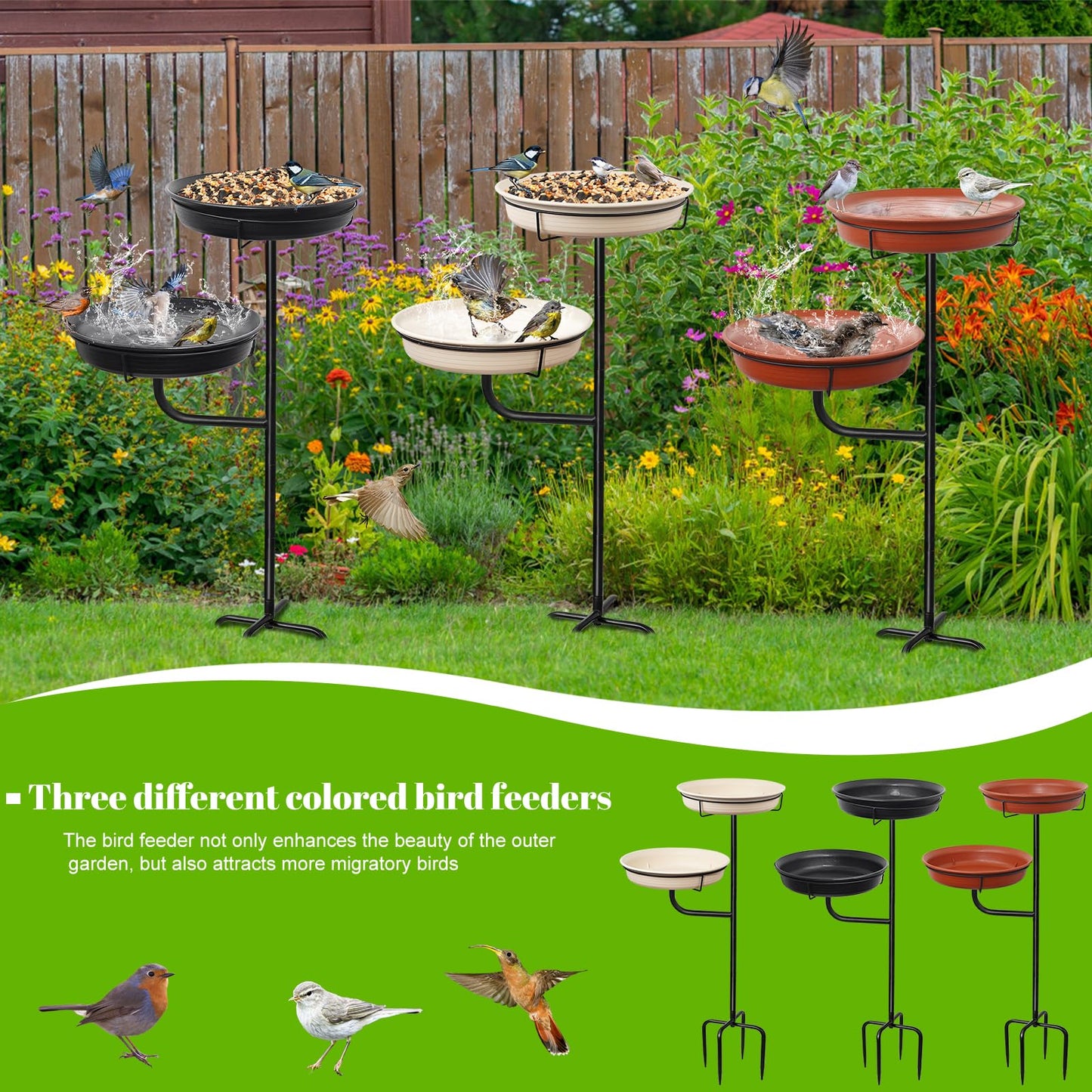 YALINKA Freestanding Birdbaths Bowl Outdoor, Standing Garden Bird Bath Bird Feeder & Bird Bath Bowl, Detachable Decoration Spa Birdfeeder for Garden Patio Yard Lawn, 4 Spiky Metal Stake (Black)